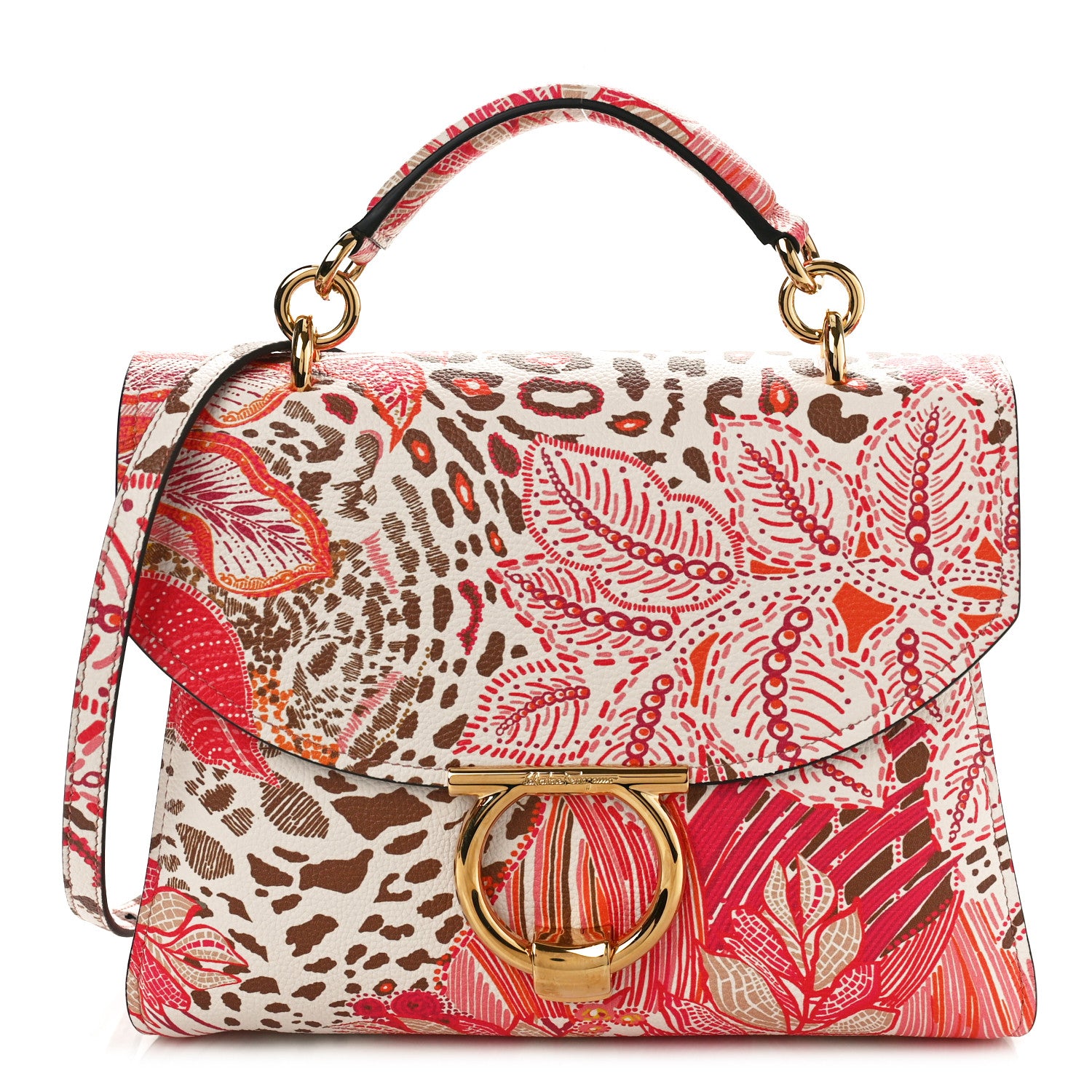 Salvatore Ferragamo Calfskin Plant Print Margot Top Handle Satchel New White 1 of 8