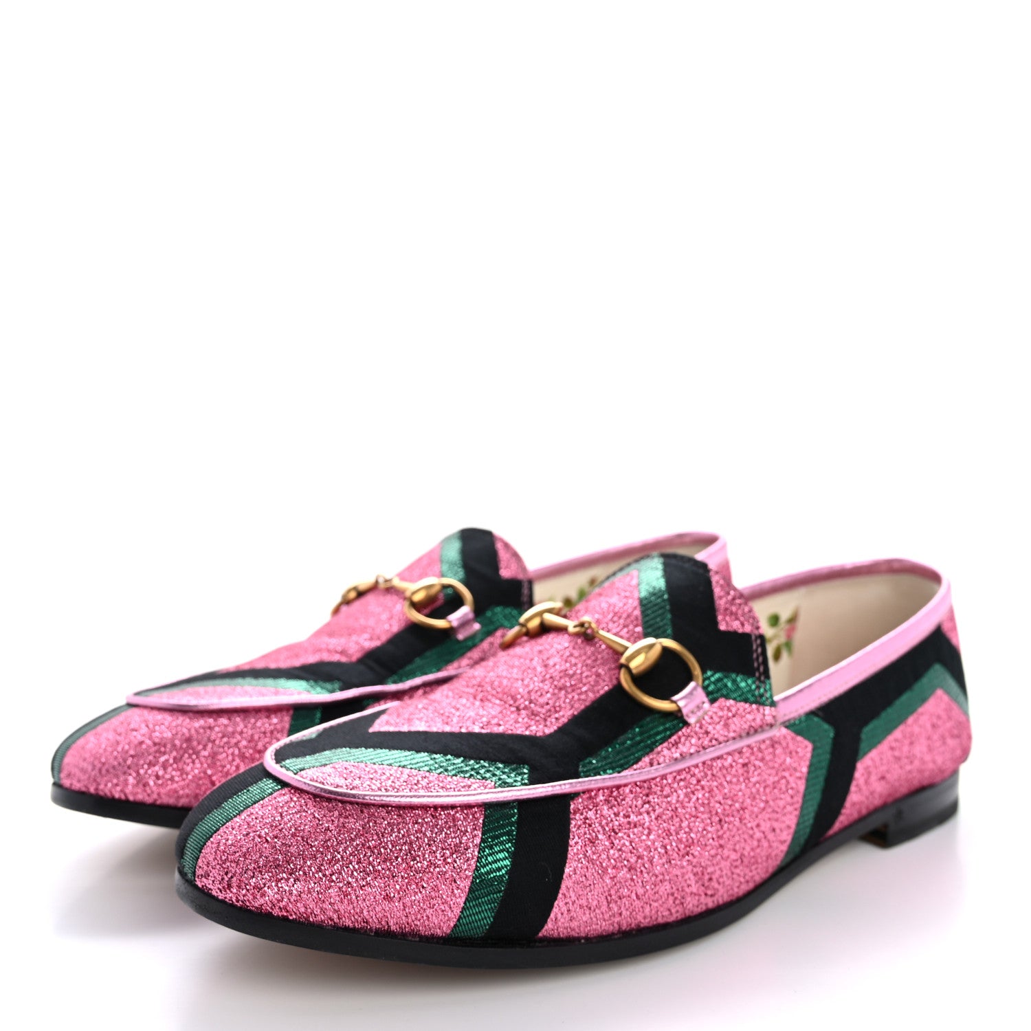 Gucci Metallic Jacquard Geometric Horsebit Womens Jordaan Loafers 37 Pink Green Black 4 of 13