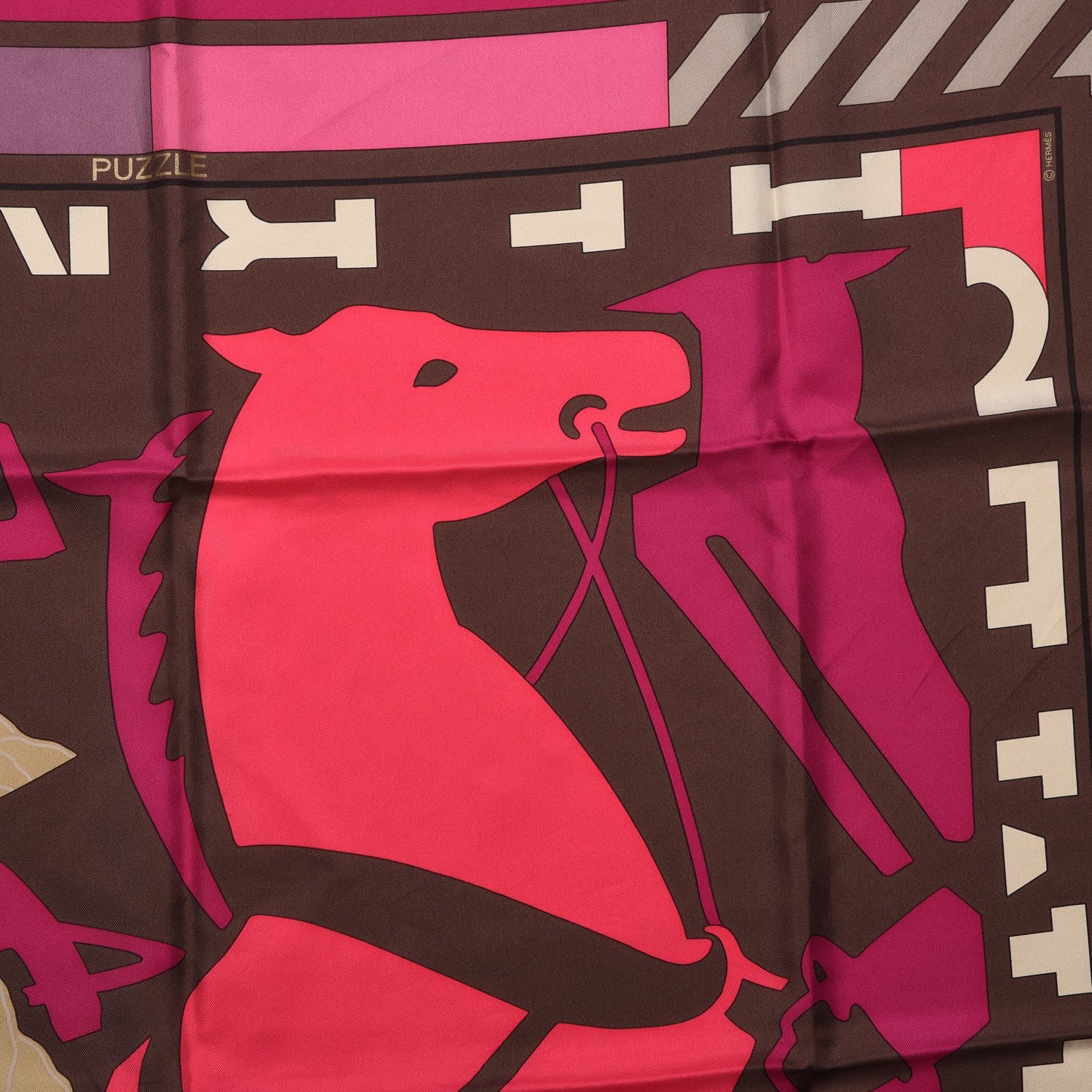 Hermes Silk Puzzle Scarf 90 Marron Glace Rose Cassis 5 of 8