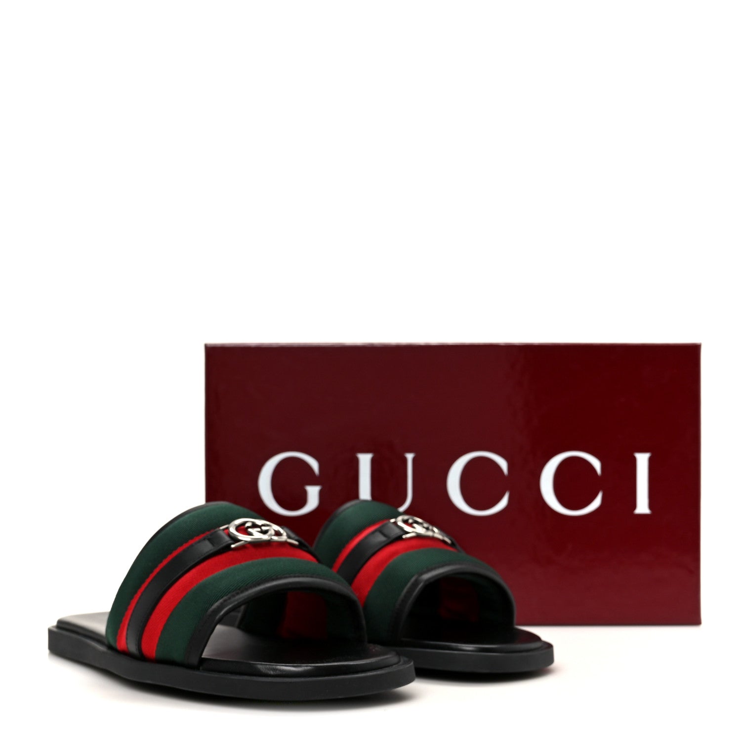 Gucci Nylon Calfskin Web Interlocking G Mens Maverik Slide Sandals 41 Black Green Red 9 of 9