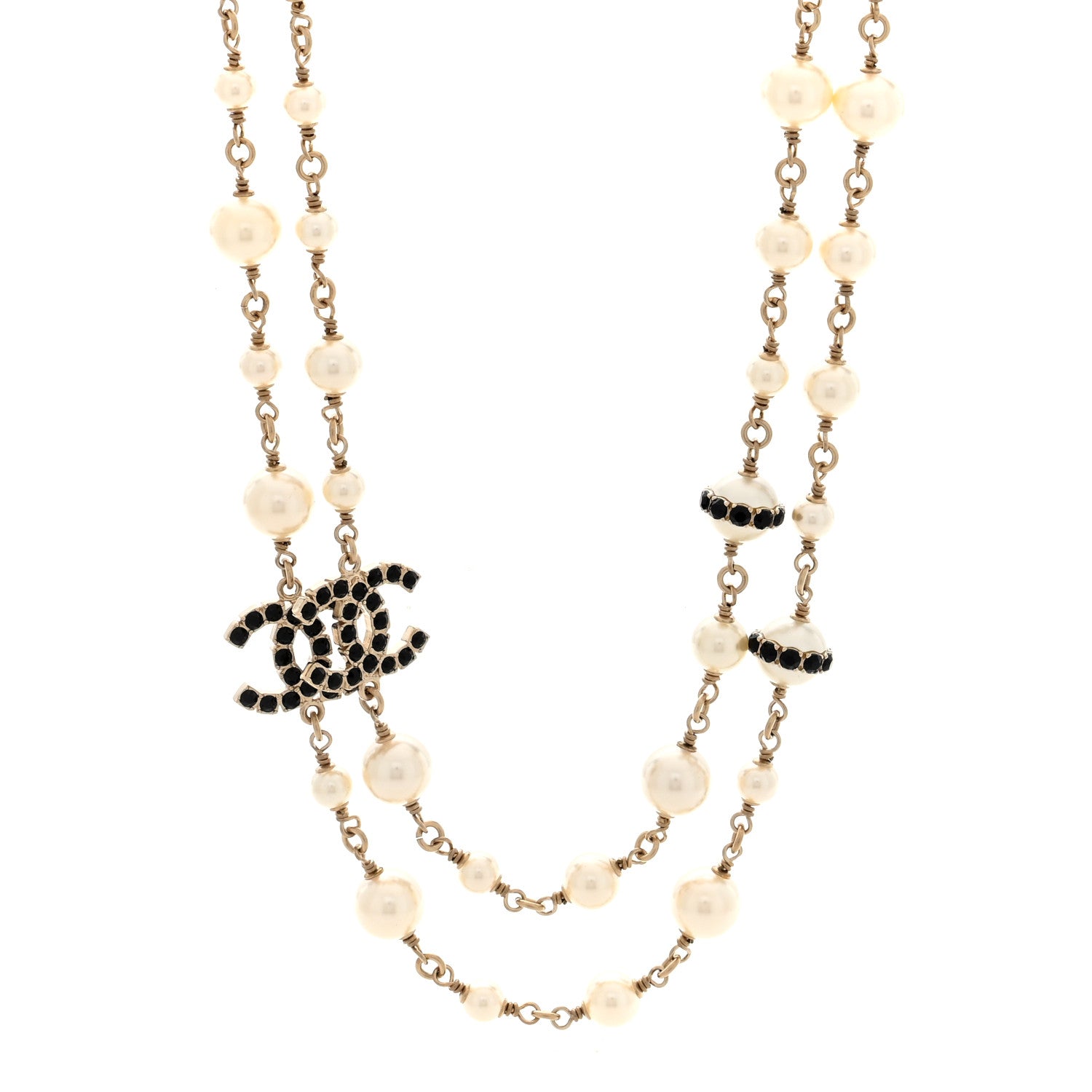 Chanel Crystal Pearl CC Long Necklace Gold White Black 1 of 5