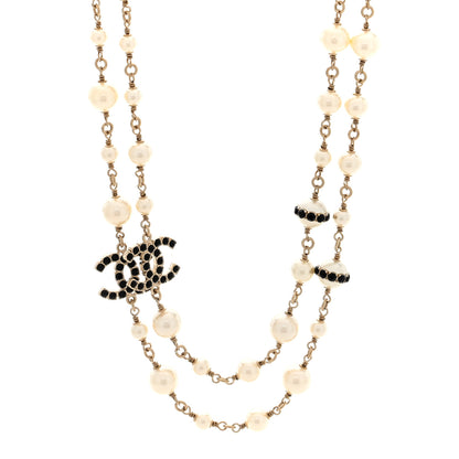 Chanel Crystal Pearl CC Long Necklace Gold White Black 1 of 5
