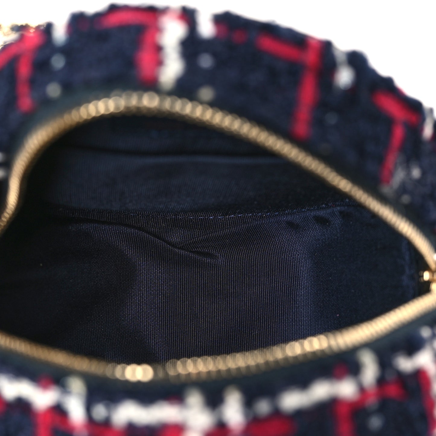 Tweed Quilted Round Filigree Clutch With Chain Navy Blue