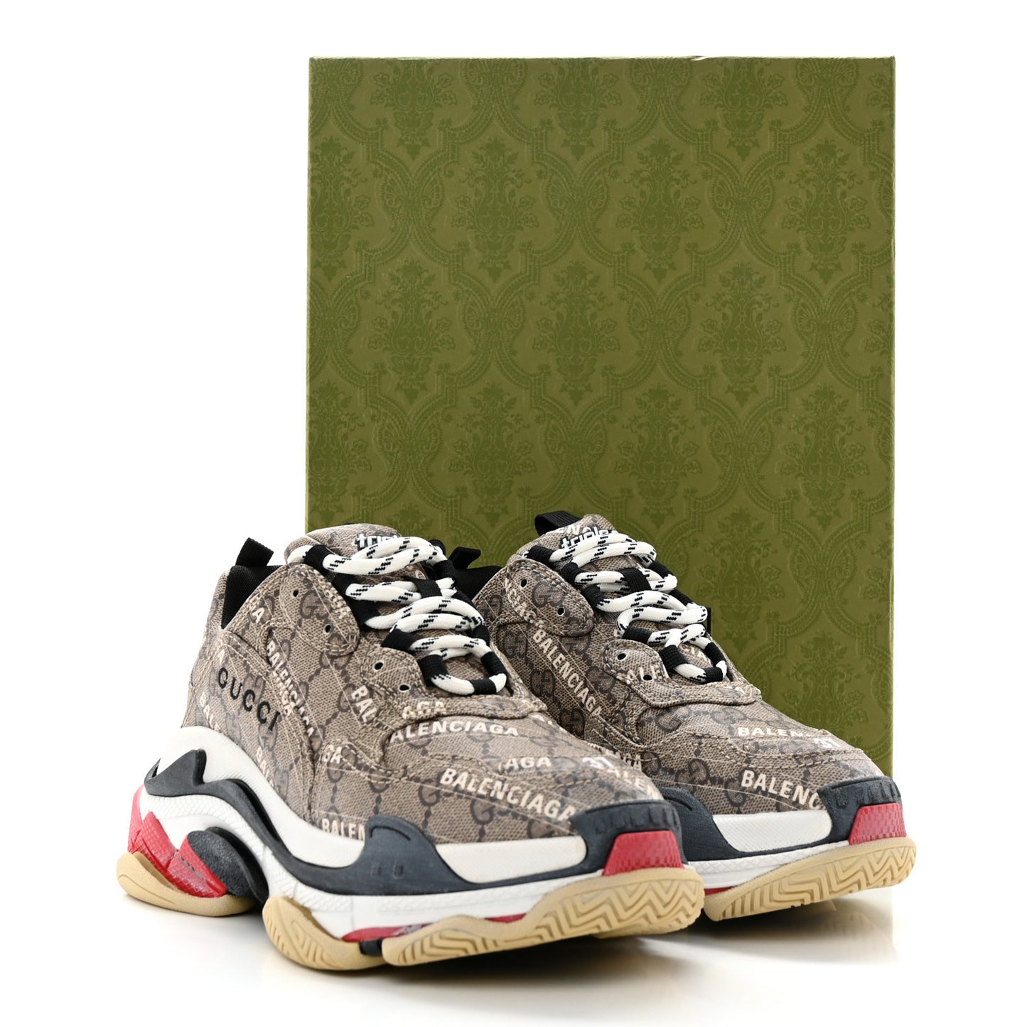 X GUCCI GG Supreme Monogram Allover Logo Womens Triple S Sneakers 37 Beige Ebony Mystic White