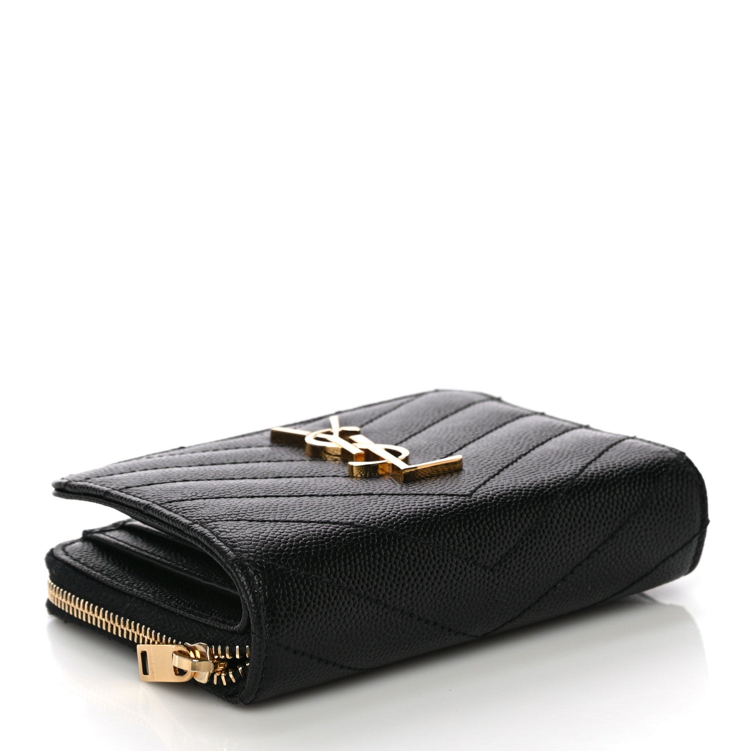 Saint Laurent Grain De Poudre Matelasse Chevron Monogram Compact Zip Around Wallet Black 4 of 11