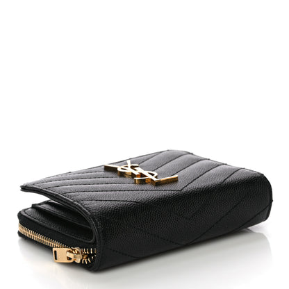 Saint Laurent Grain De Poudre Matelasse Chevron Monogram Compact Zip Around Wallet Black 4 of 11