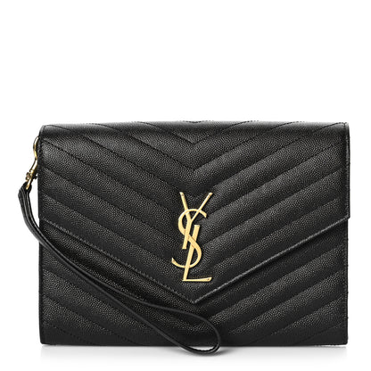 Saint Laurent Grain De Poudre Matelasse Chevron Monogram Envelope Clutch Black 1 of 11