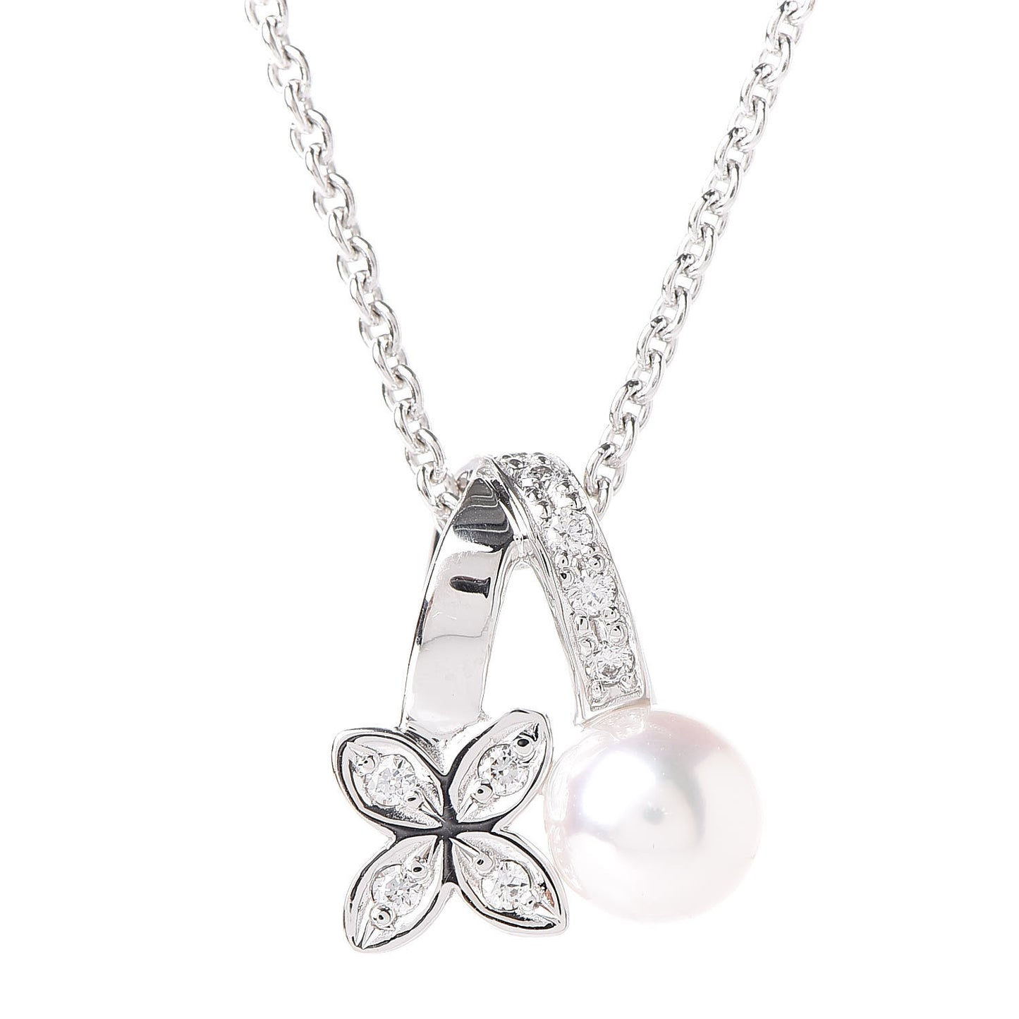 18K White Gold Diamond Akoya Pearl 5.5mm Flower Pendant Necklace