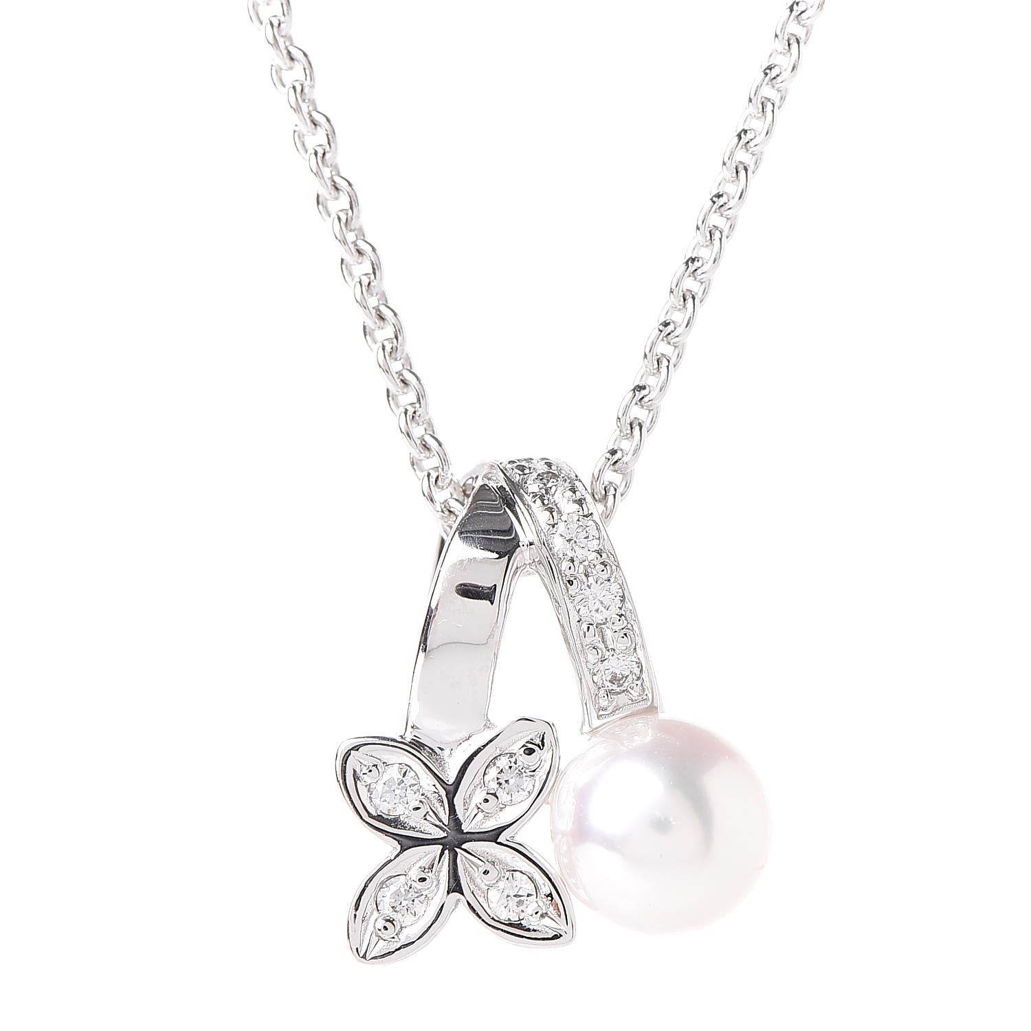 Mikimoto 18K White Gold Diamond Akoya Pearl 5.5mm Flower Pendant Necklace 4 of 6