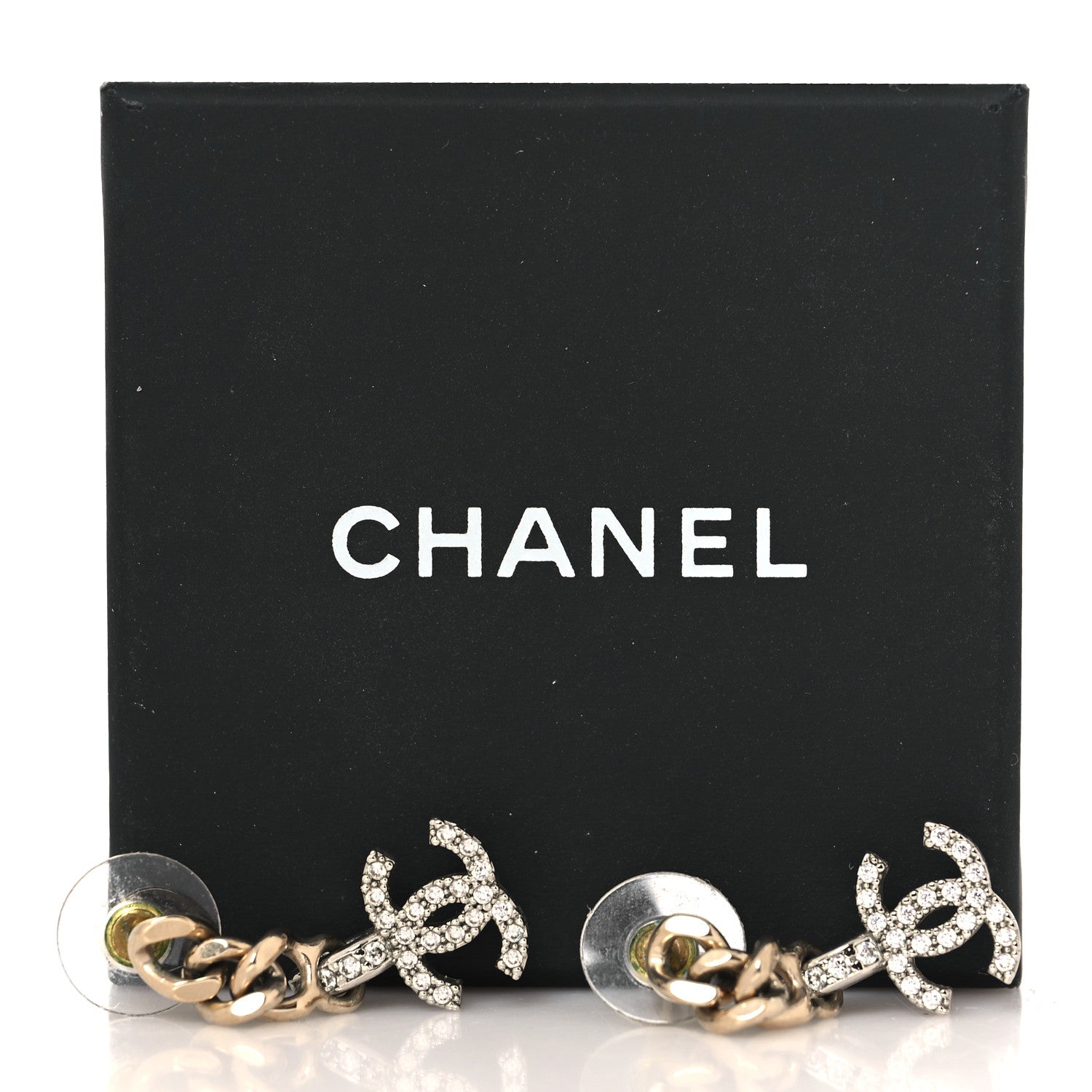 Chanel Metal Crystal CC Chain Drop Earrings Gold 5 of 5