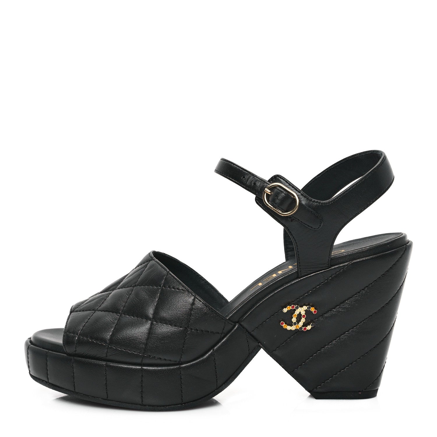 Chanel Lambskin Quilted Peep Toe Wedge Sandals 37 Black 1 of 11