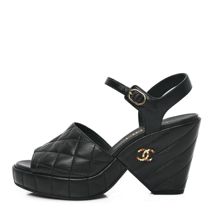 Chanel Lambskin Quilted Peep Toe Wedge Sandals 37 Black 1 of 11