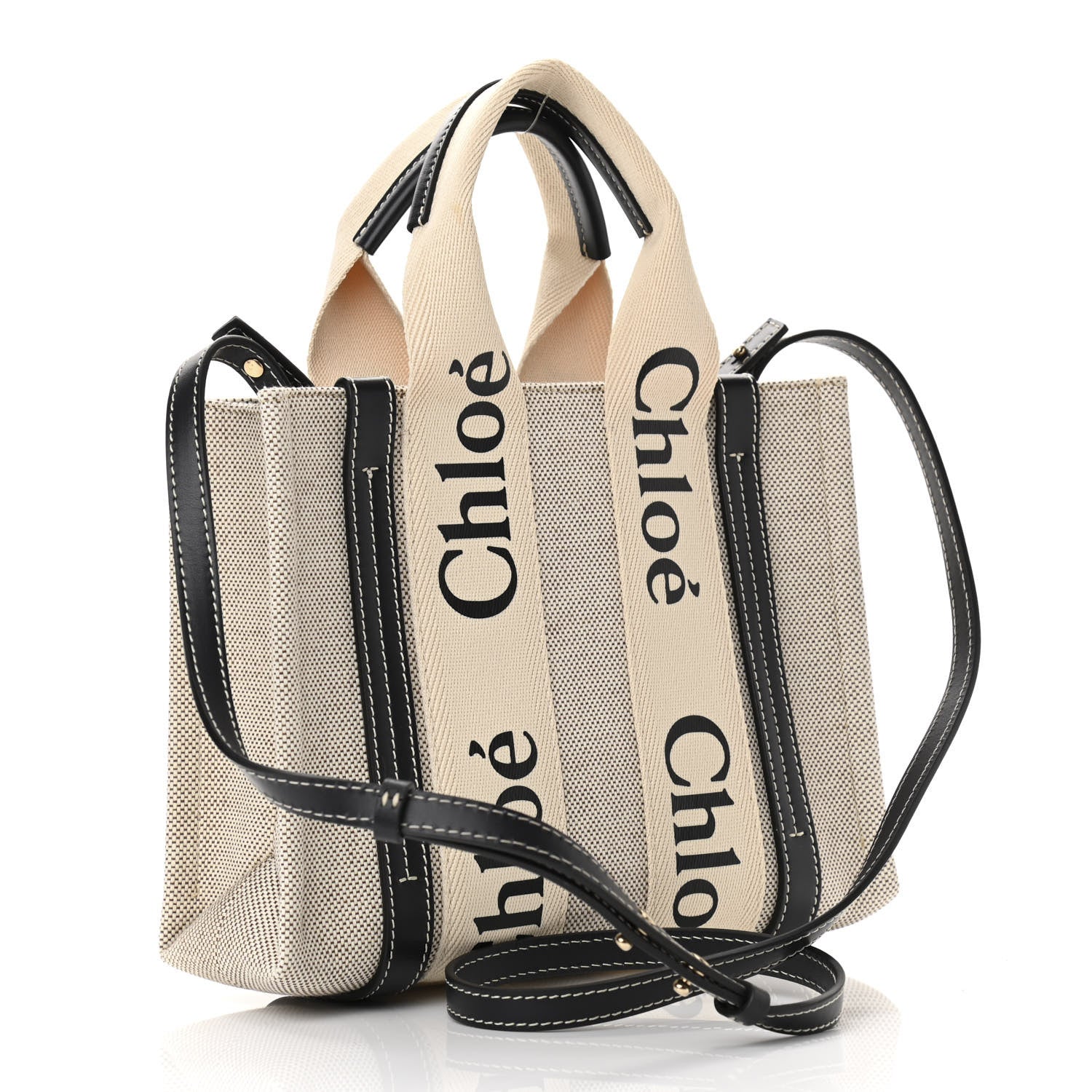 Chloe Cotton Calfskin Small Woody Ribbon Tote With Strap White Navy 2 of 9