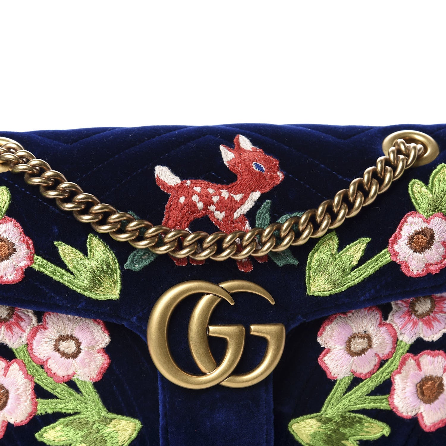 Gucci Velvet Matelasse Deer Embroidered Small GG Marmont Shoulder Bag Cobalt 5 of 10