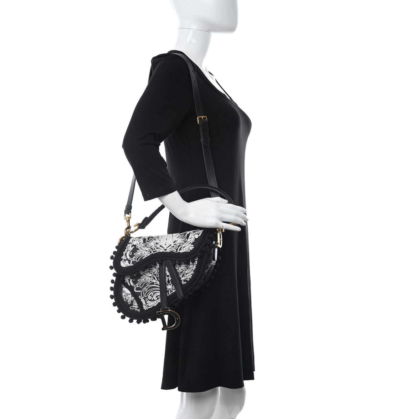 Calfskin Embroidered Saddle Bag Black White
