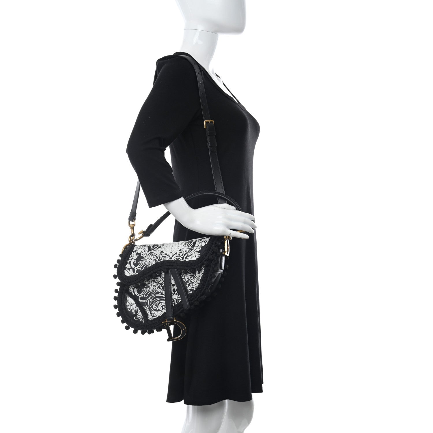Christian Dior Calfskin Embroidered Saddle Bag Black White 2 of 9