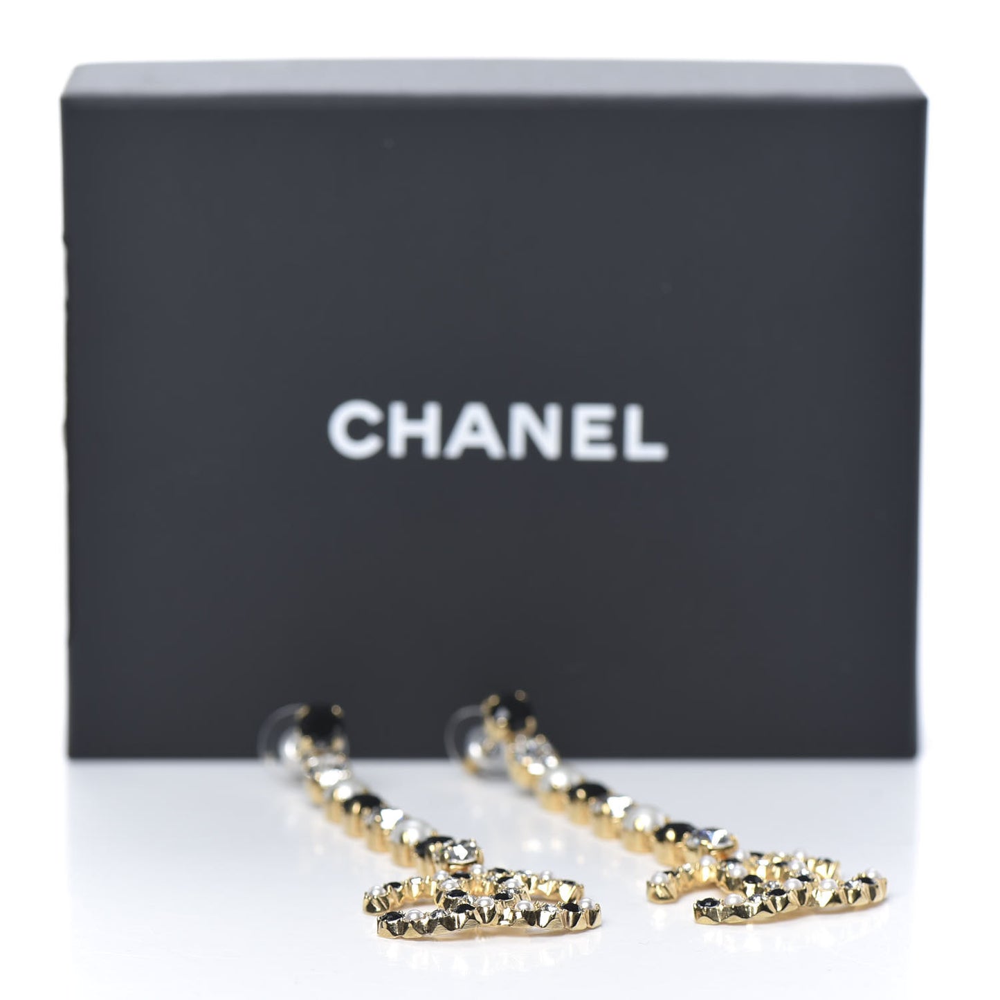 Resin Crystal Pearl CC Long Drop Earrings Gold Black