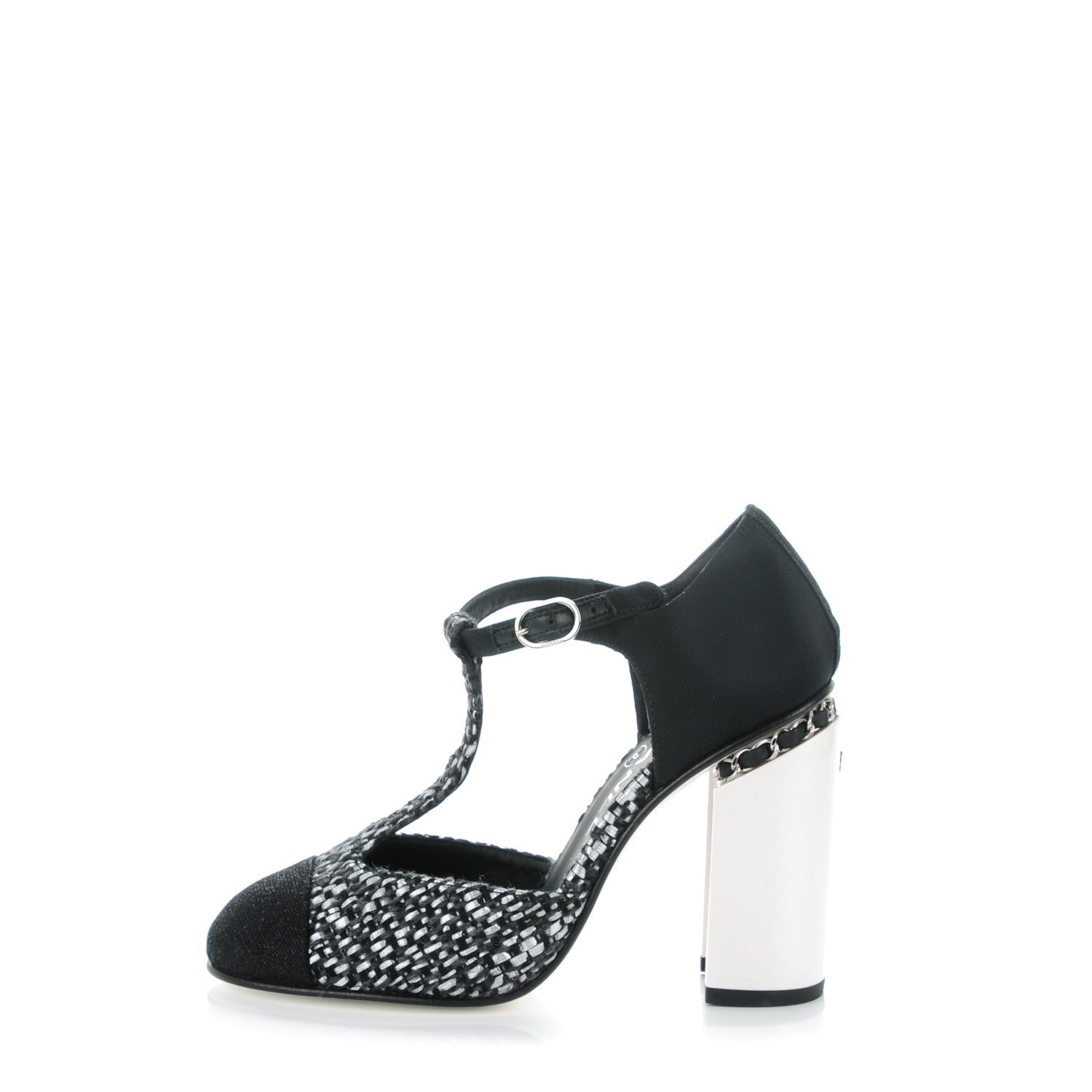 Chanel Tweed Grosgrain Chain T-Strap Pumps 37 Black Silver 1 of 8