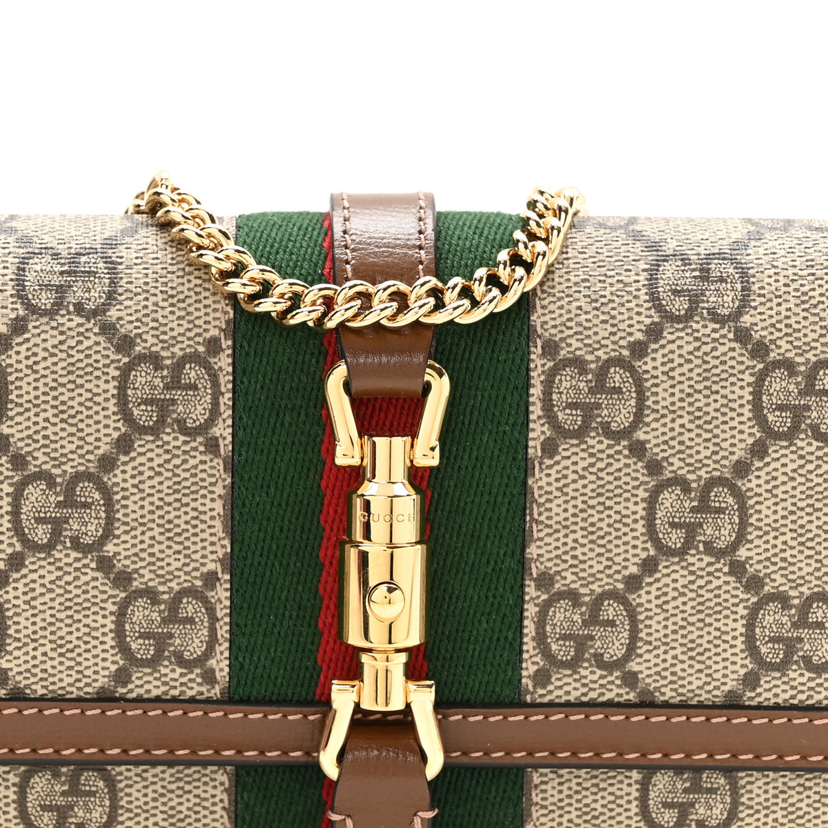 Gucci GG Supreme Monogram Azalea Calfskin Web Jackie 1961 Chain Wallet Beige Ebony Brown Sugar 8 of 11