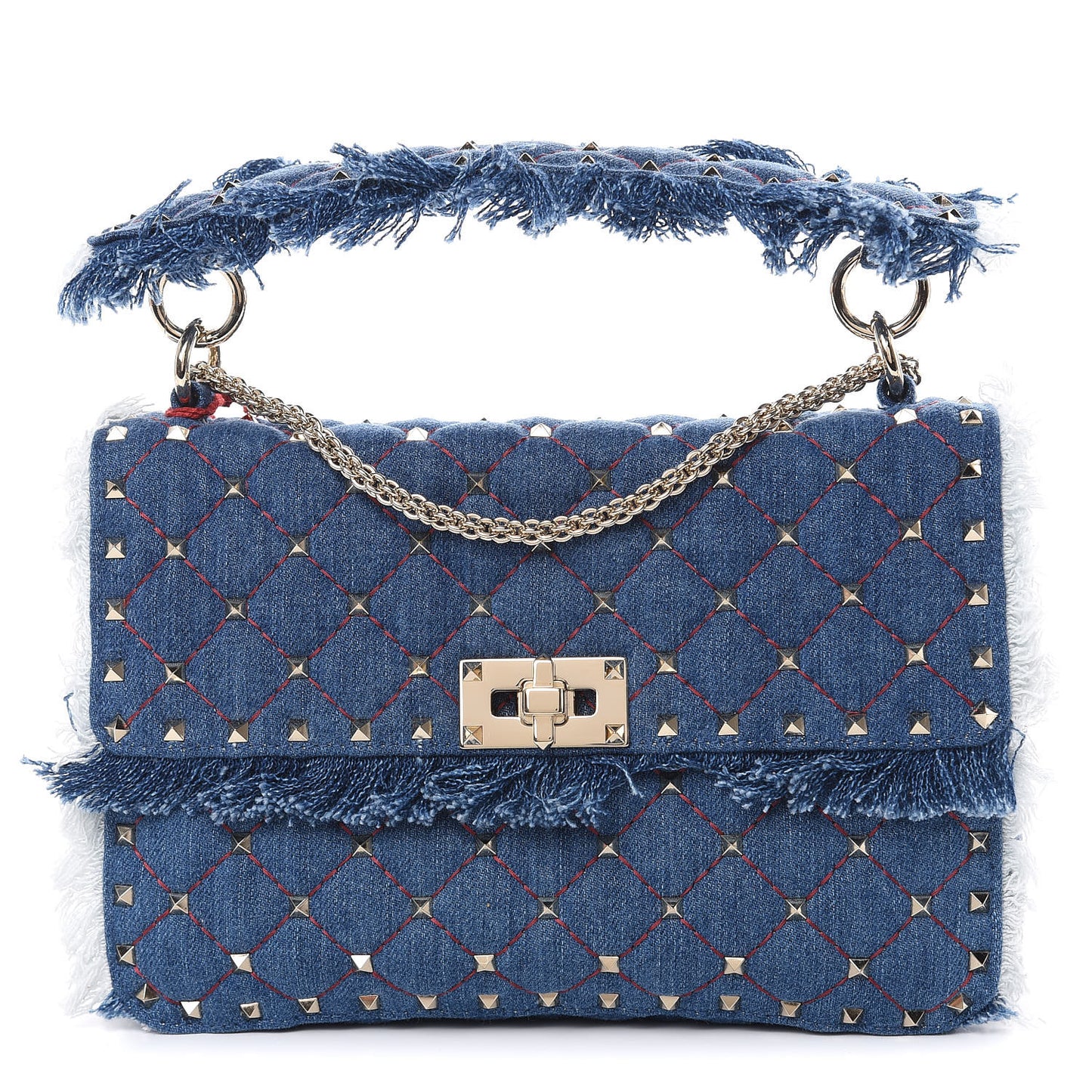 Denim Fringe Medium Rockstud Spike Shoulder Bag Blue