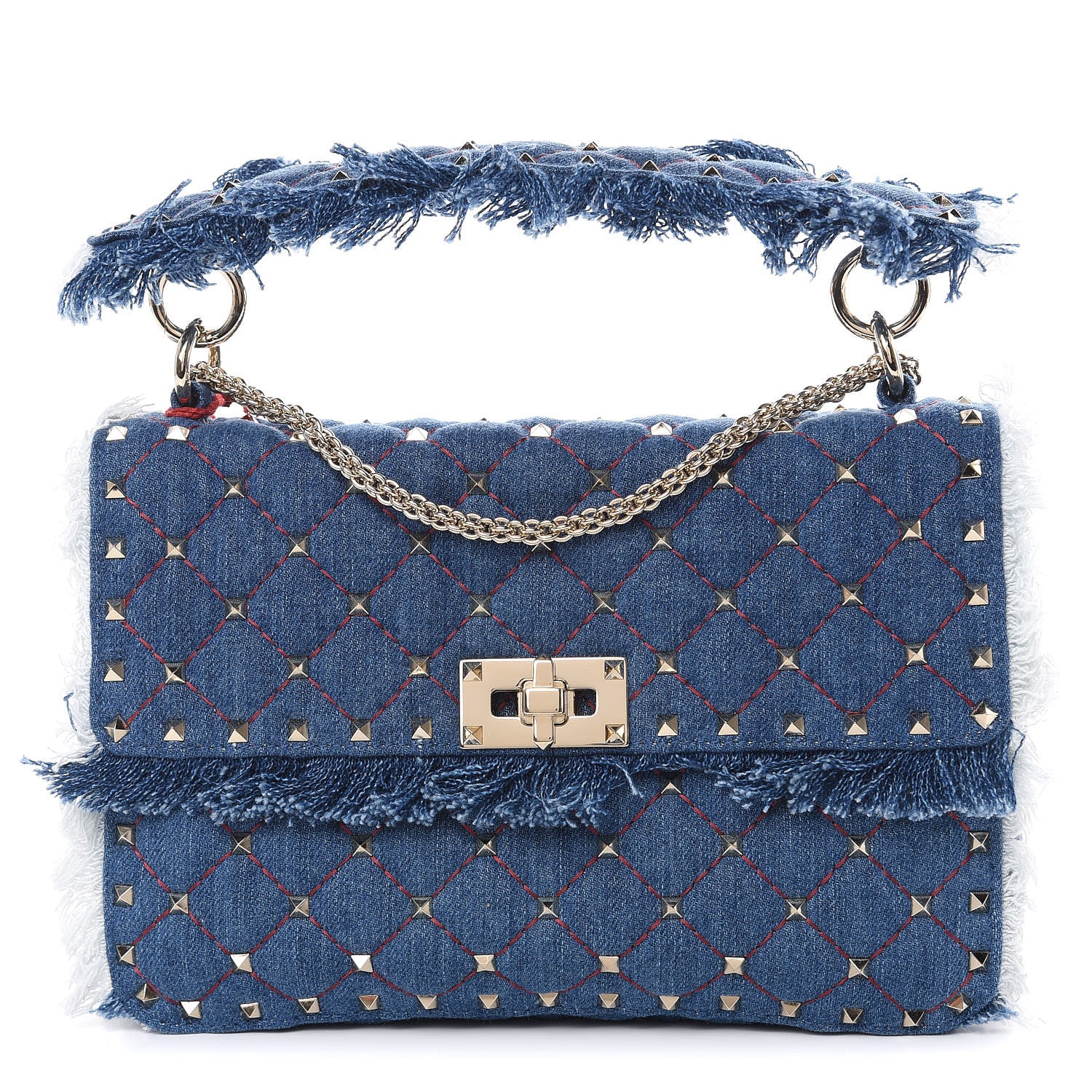 Valentino Garavani Denim Fringe Medium Rockstud Spike Shoulder Bag Blue 1 of 9