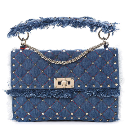 Valentino Garavani Denim Fringe Medium Rockstud Spike Shoulder Bag Blue 1 of 9