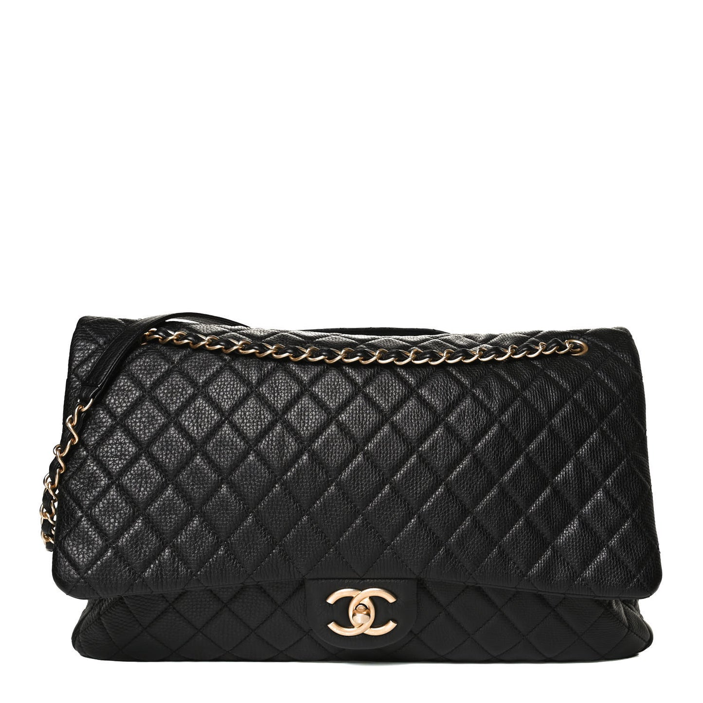 Calfskin Quilted XXL Travel Flap Bag Black