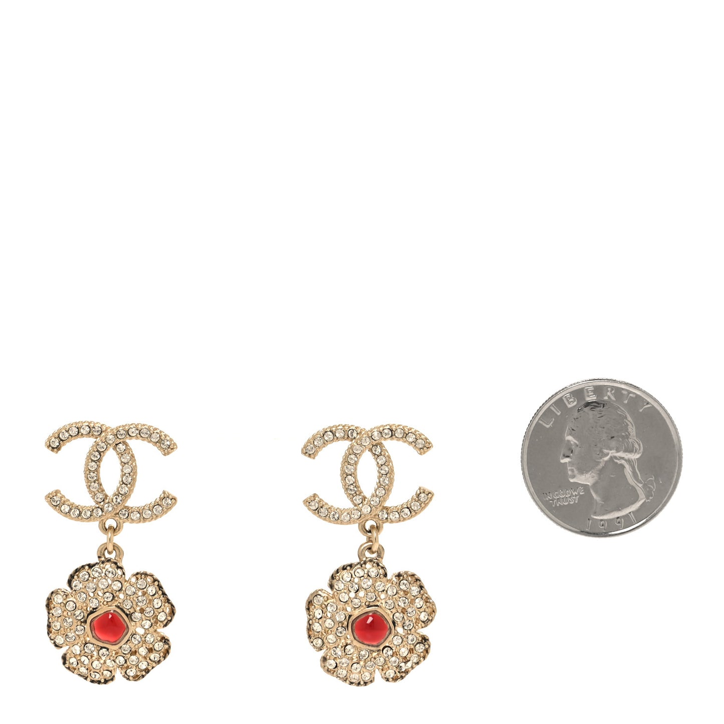 Crystal Camellia CC Drop Earrings Gold Red