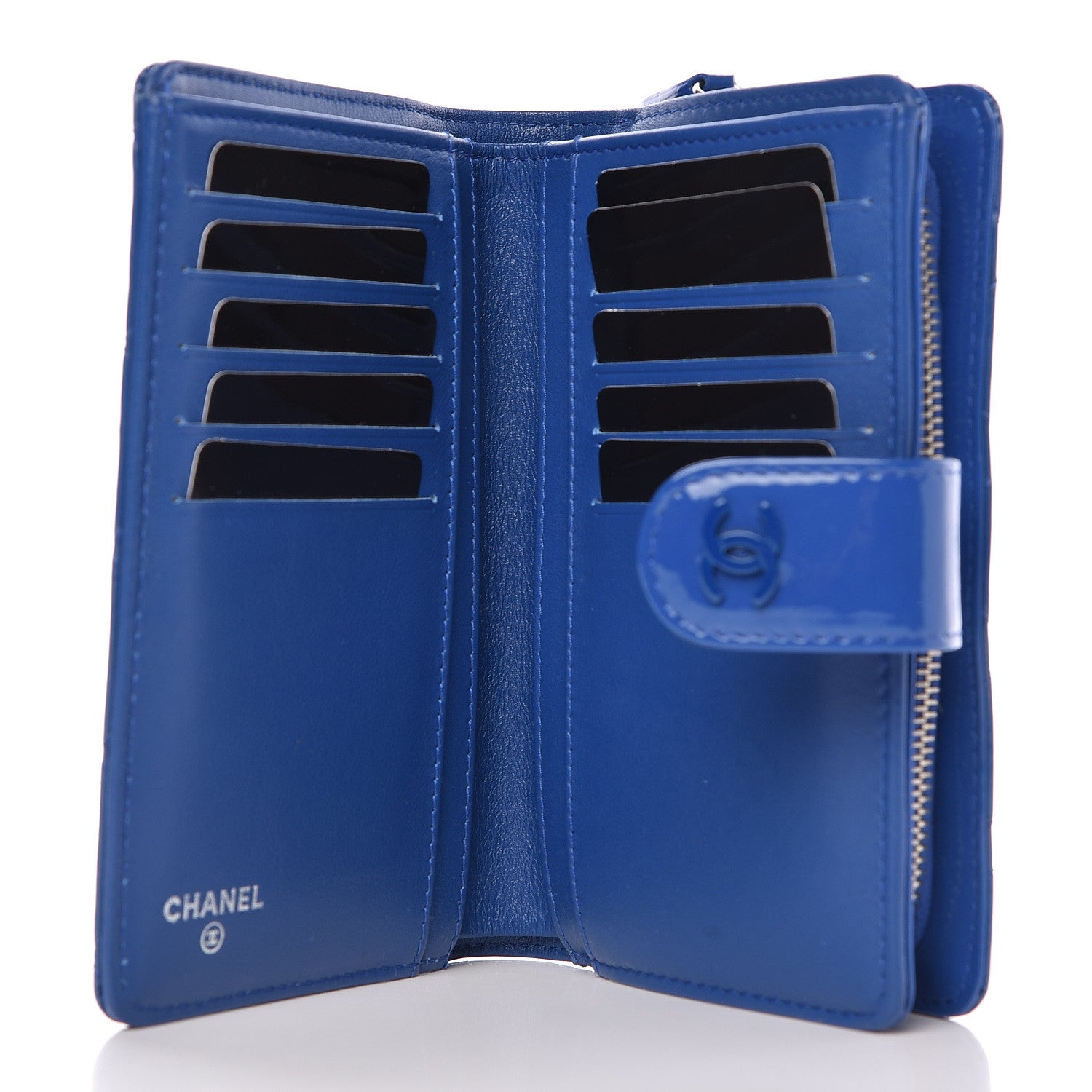 Chanel Patent Quilted Zipped Pocket Wallet Blue 5 of 15