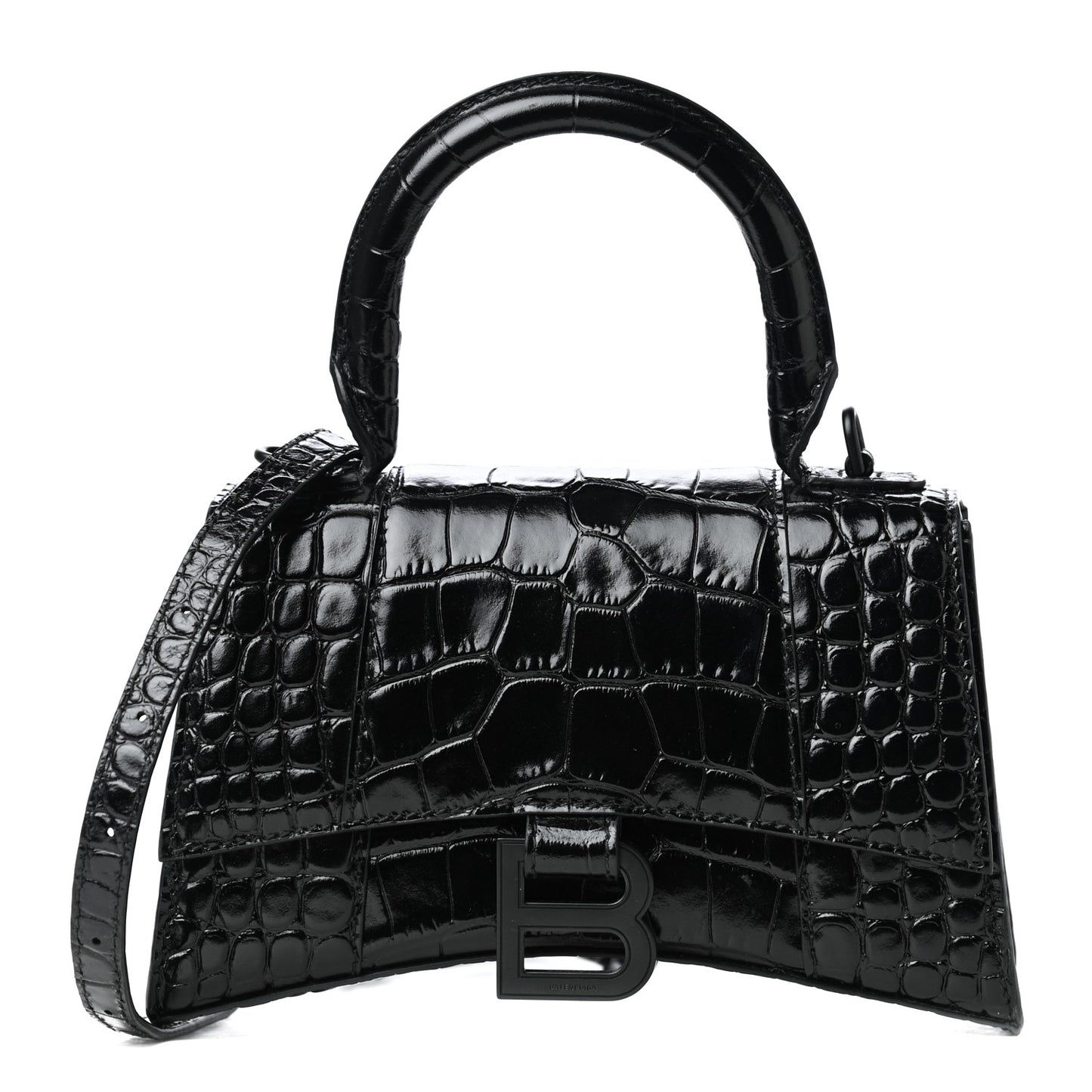 Shiny Calfskin Monochrome Crocodile Embossed Hourglass Top Handle Bag XS Black