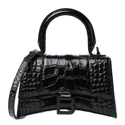 Balenciaga Shiny Calfskin Monochrome Crocodile Embossed Hourglass Top Handle Bag XS Black 1 of 4
