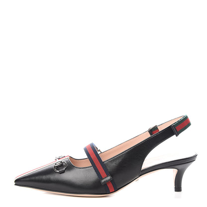 Gucci Malaga Kid Web Horsebit Low Heel Slingback Pumps 38 Black 1 of 9