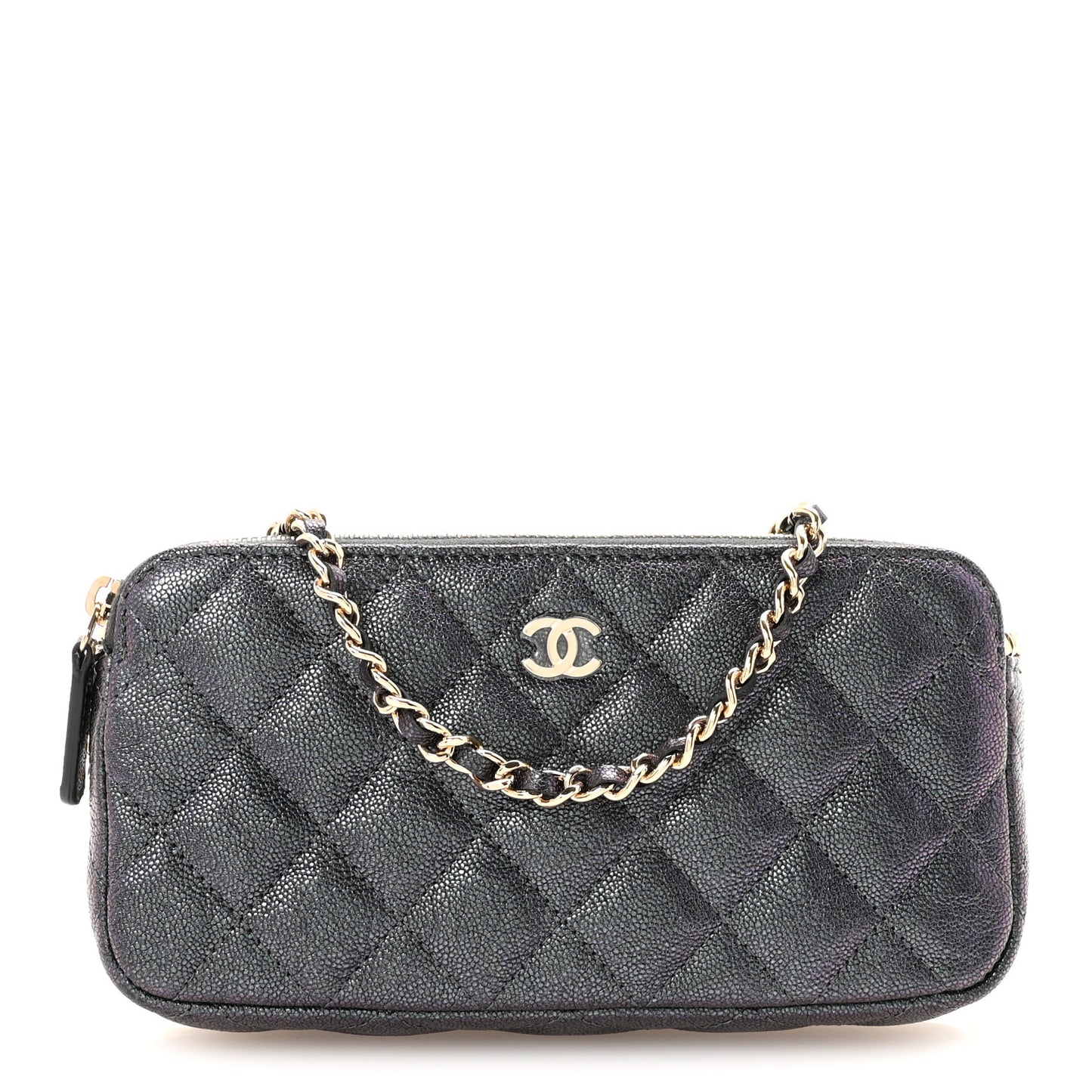Iridescent Caviar Quilted Small Clutch With Chain Black