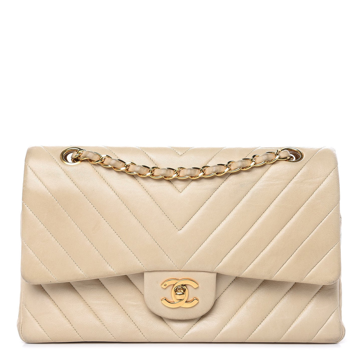 Lambskin Chevron Quilted Medium Double Flap Beige