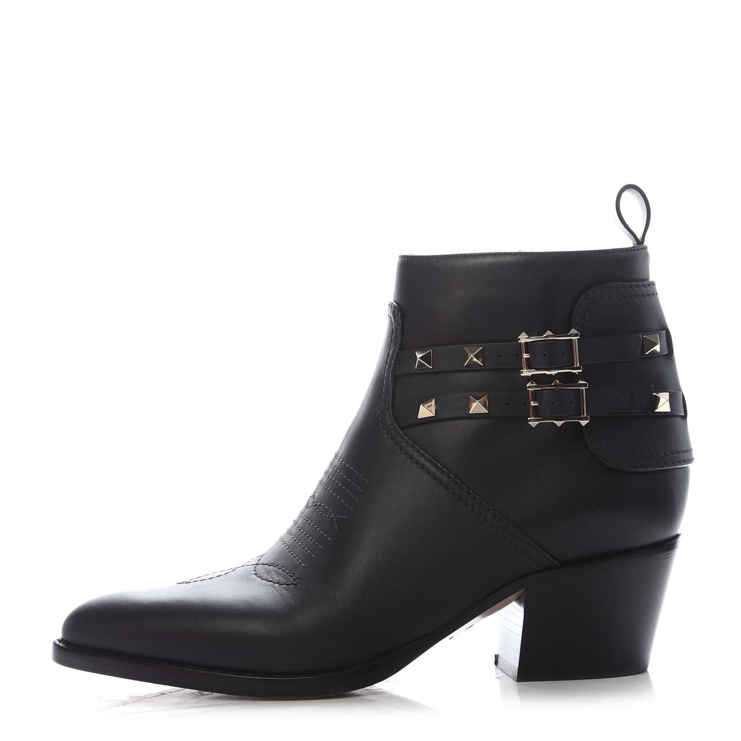 Calfskin Rockstud Double Buckle 50mm Cowboy Ankle Boots 38 Black