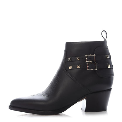 Valentino Garavani Calfskin Rockstud Double Buckle 50mm Cowboy Ankle Boots 38 Black 1 of 9