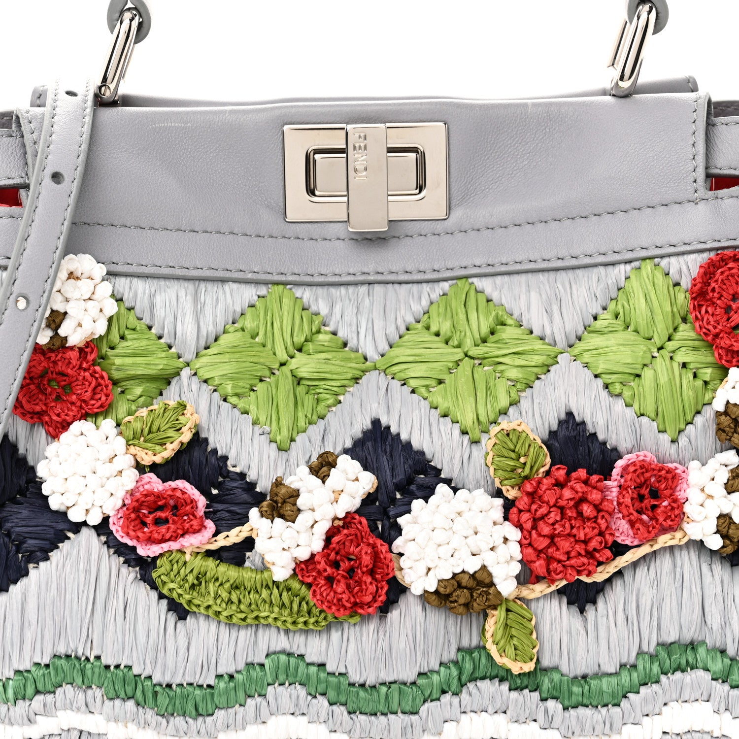Fendi Nappa Raffia Embroidered Mini Peekaboo Iconic Satchel Grey Multicolor 8 of 10