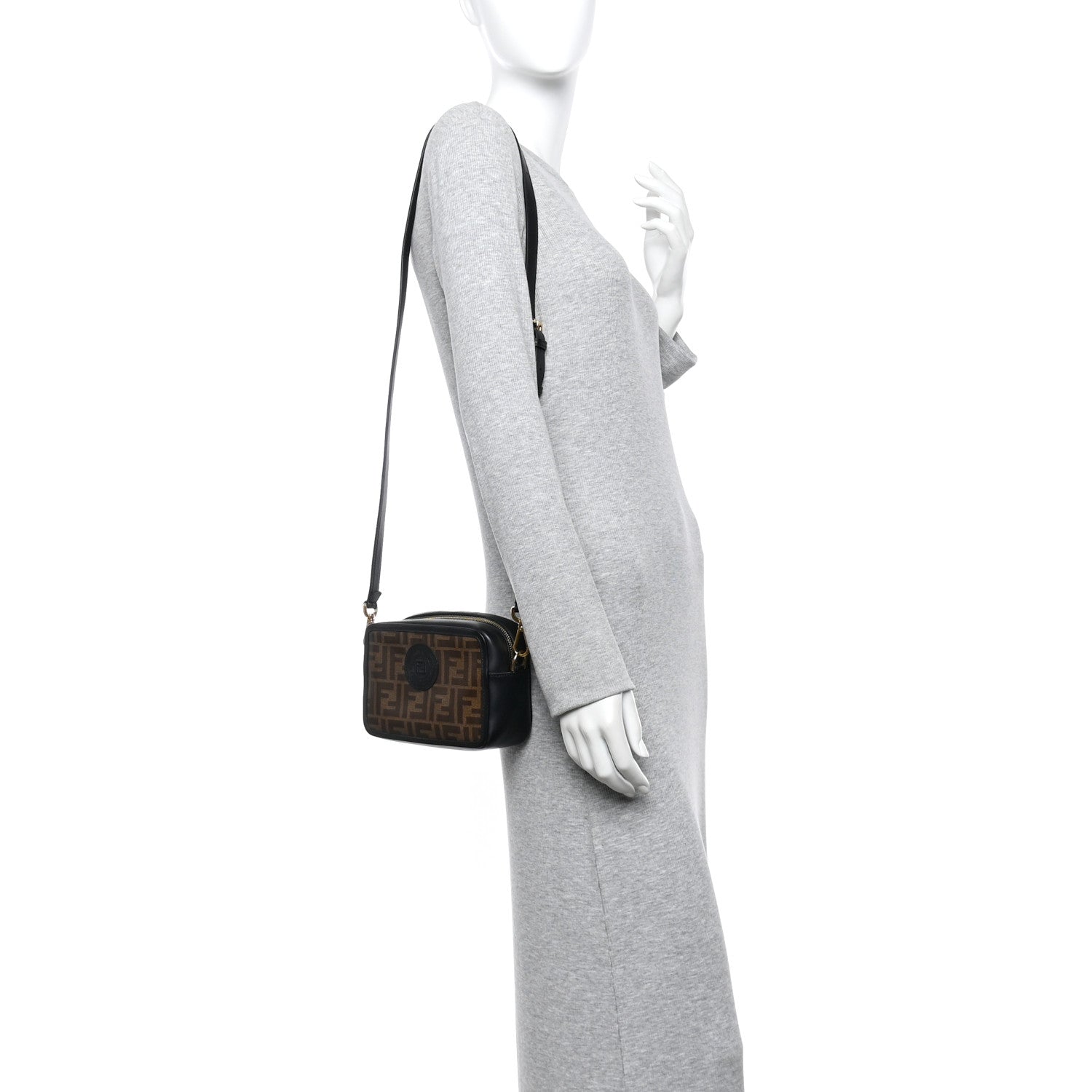 Fendi Glazed Fabric Vitello Century FF 1974 Stamp Patch Mini Camera Case Mogano Panna Black 2 of 11
