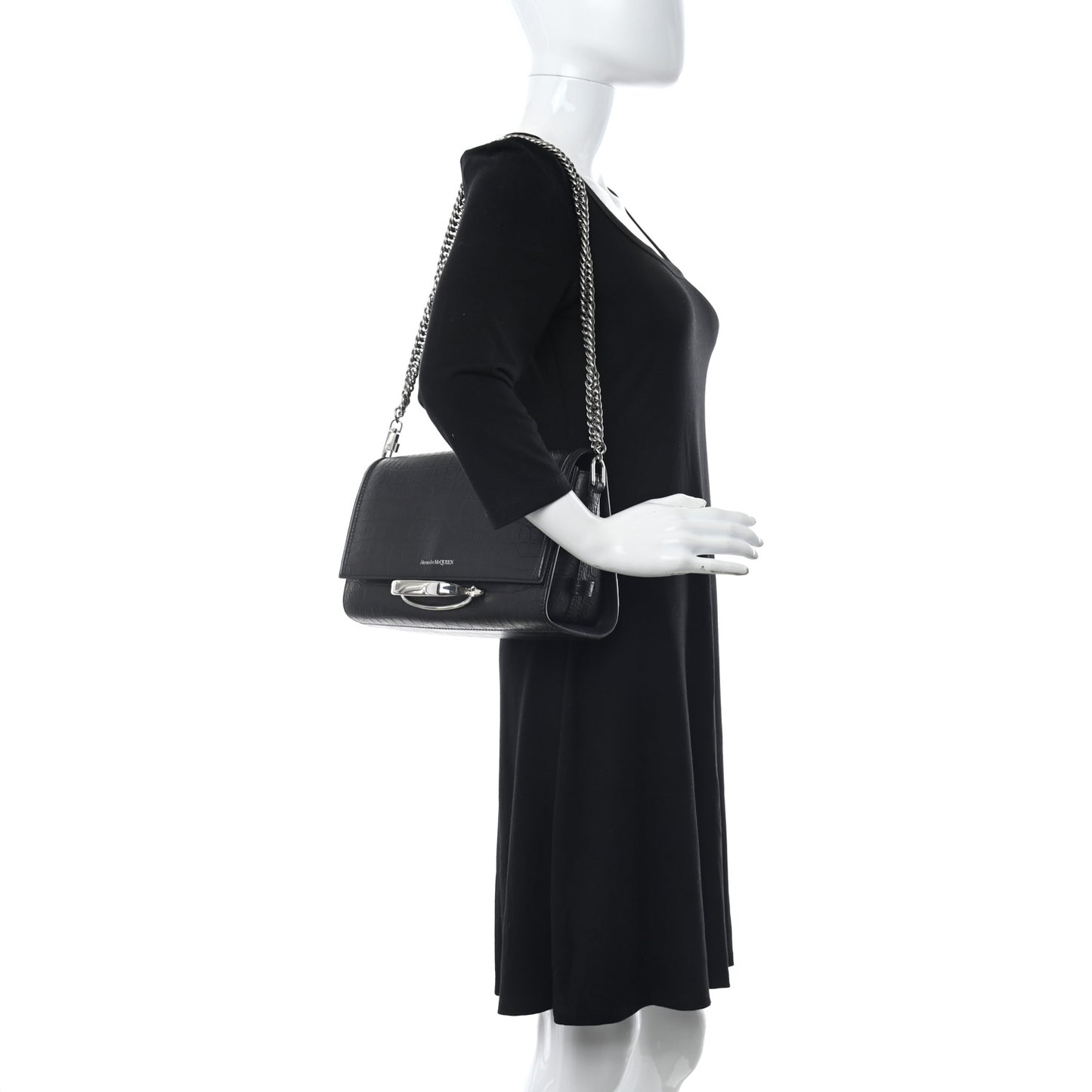 Calfskin Crocodile Embossed The Story Shoulder Bag Black
