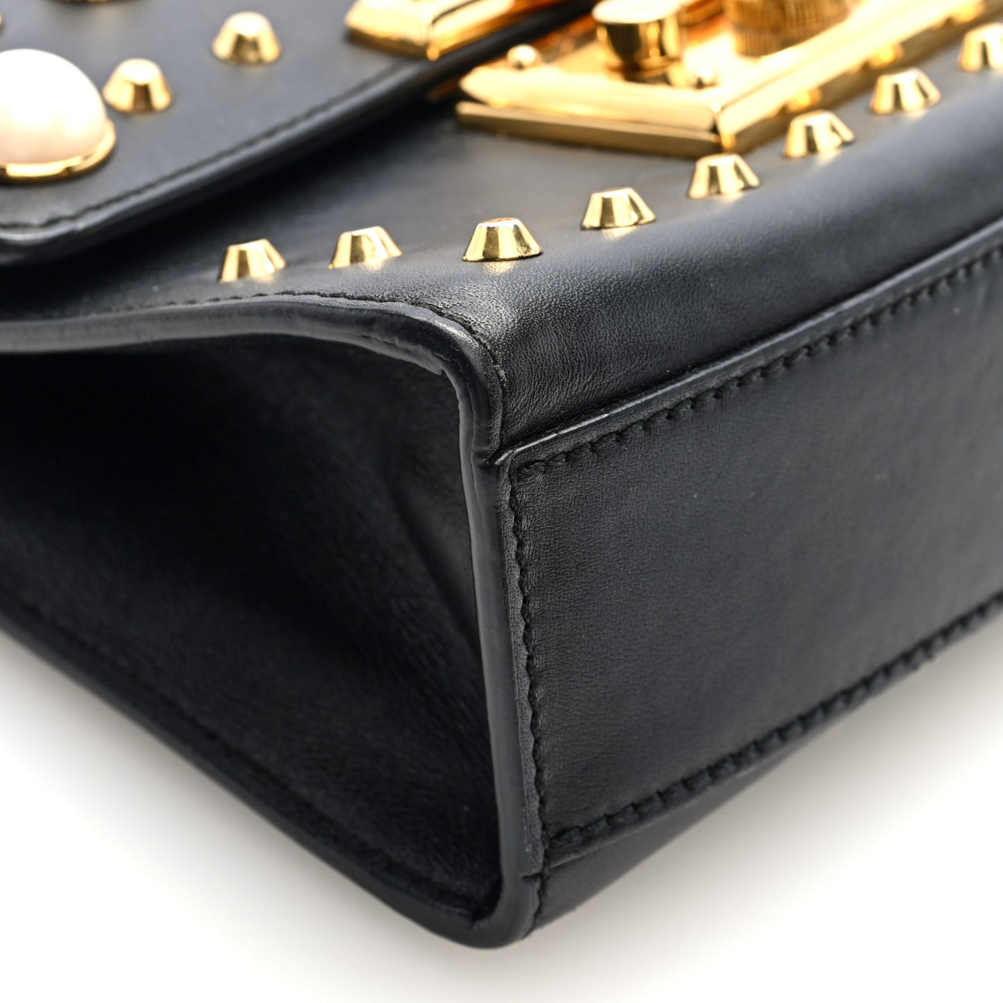 Calfskin Studded Small Padlock Shoulder Bag Black