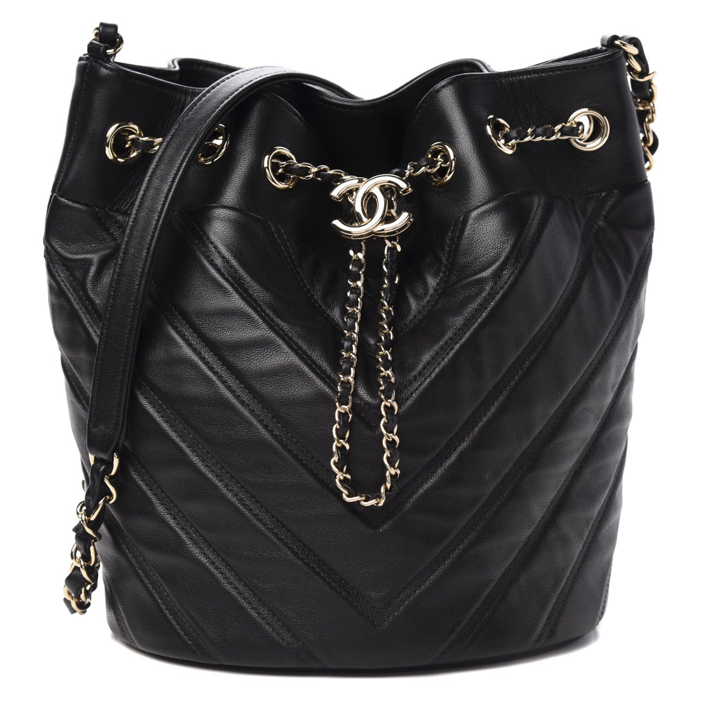 Lambskin Chevron Small Drawstring Bag Black