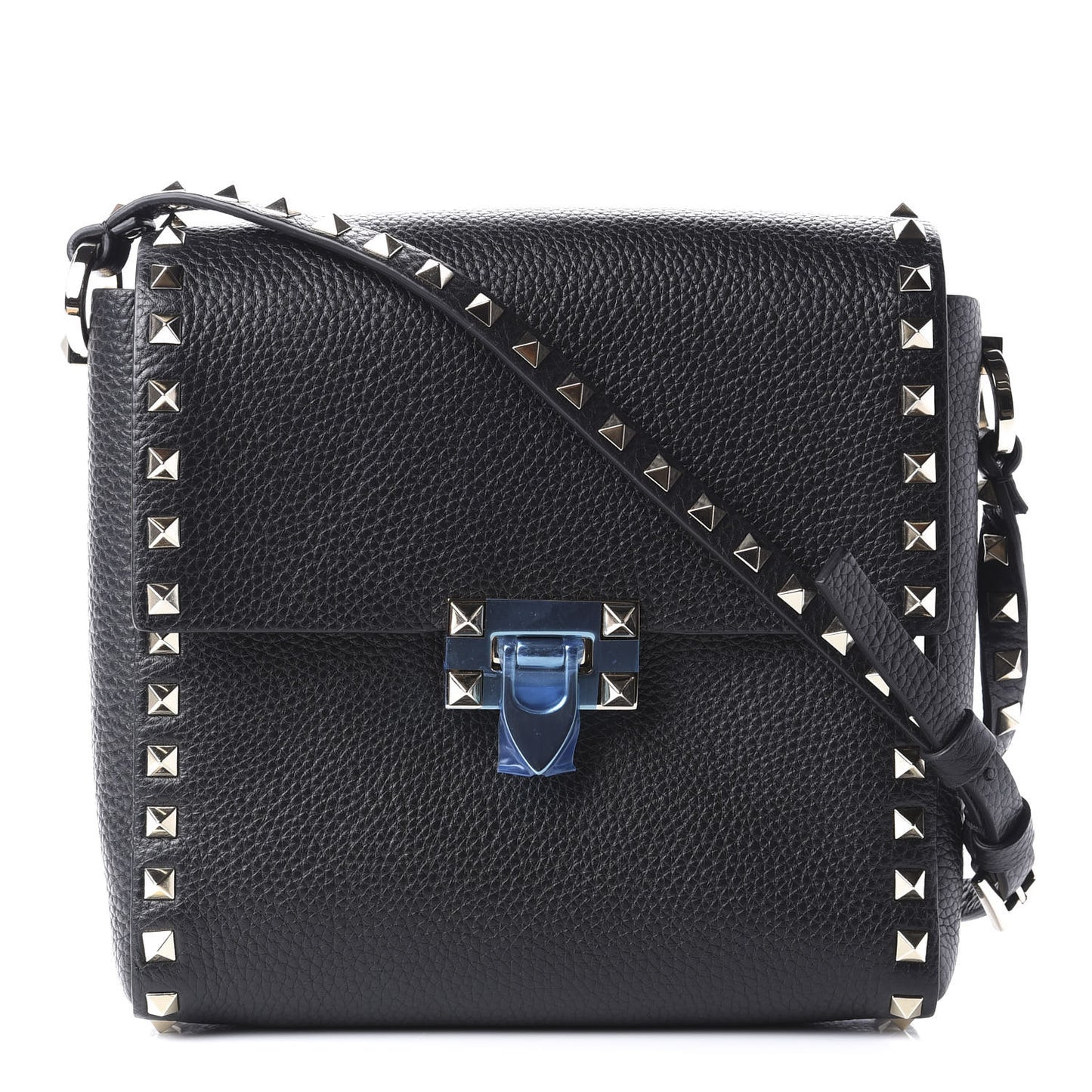 Pebbled Calfskin Rockstud Flip Lock Flap Messenger Black