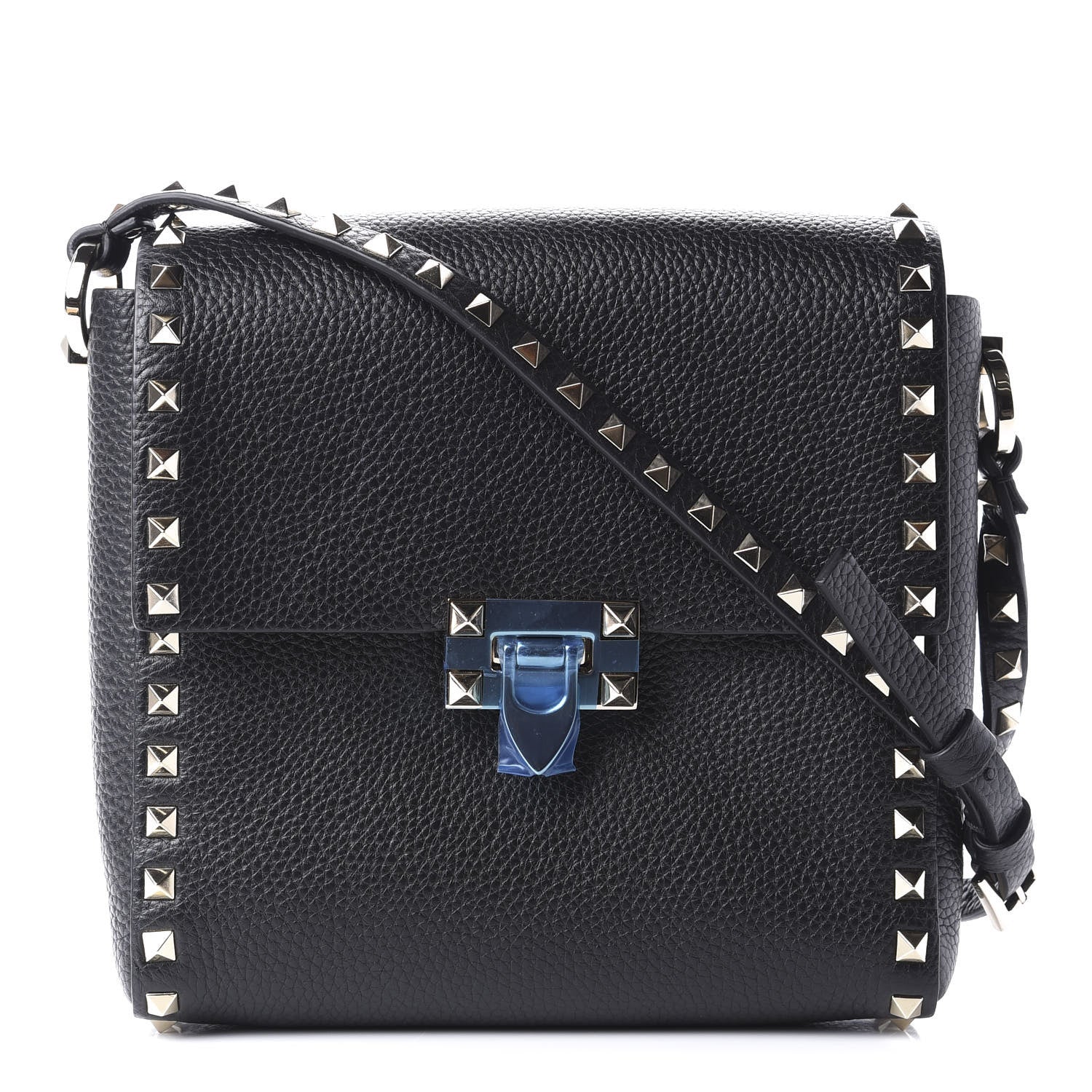 Valentino Garavani Pebbled Calfskin Rockstud Flip Lock Flap Messenger Black 1 of 9