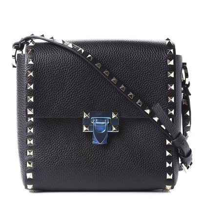 Valentino Garavani Pebbled Calfskin Rockstud Flip Lock Flap Messenger Black 1 of 9