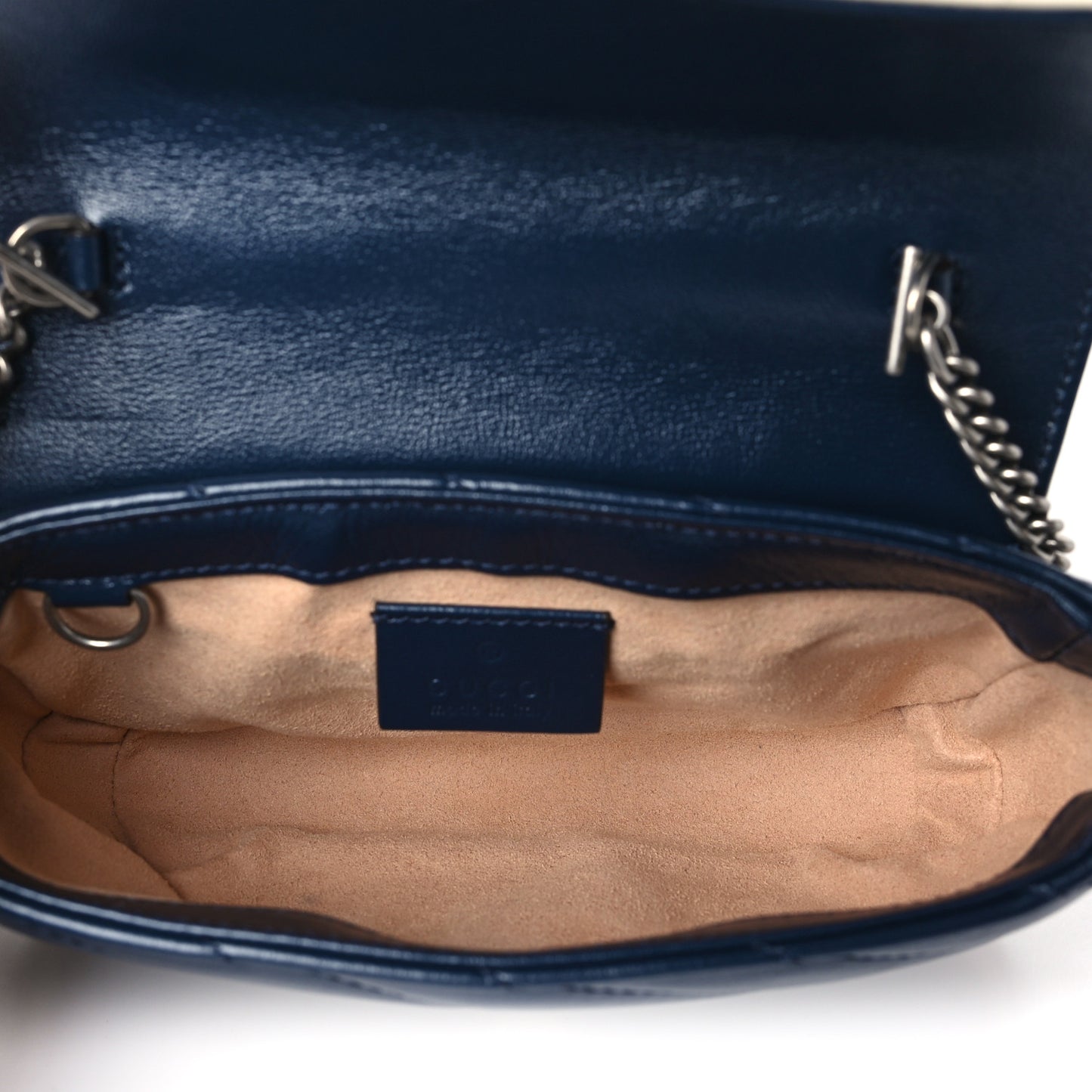 Vintage Effect Calfskin Matelasse Diagonal Super Mini Torchon GG Marmont Shoulder Bag Blue Agata Mystic White