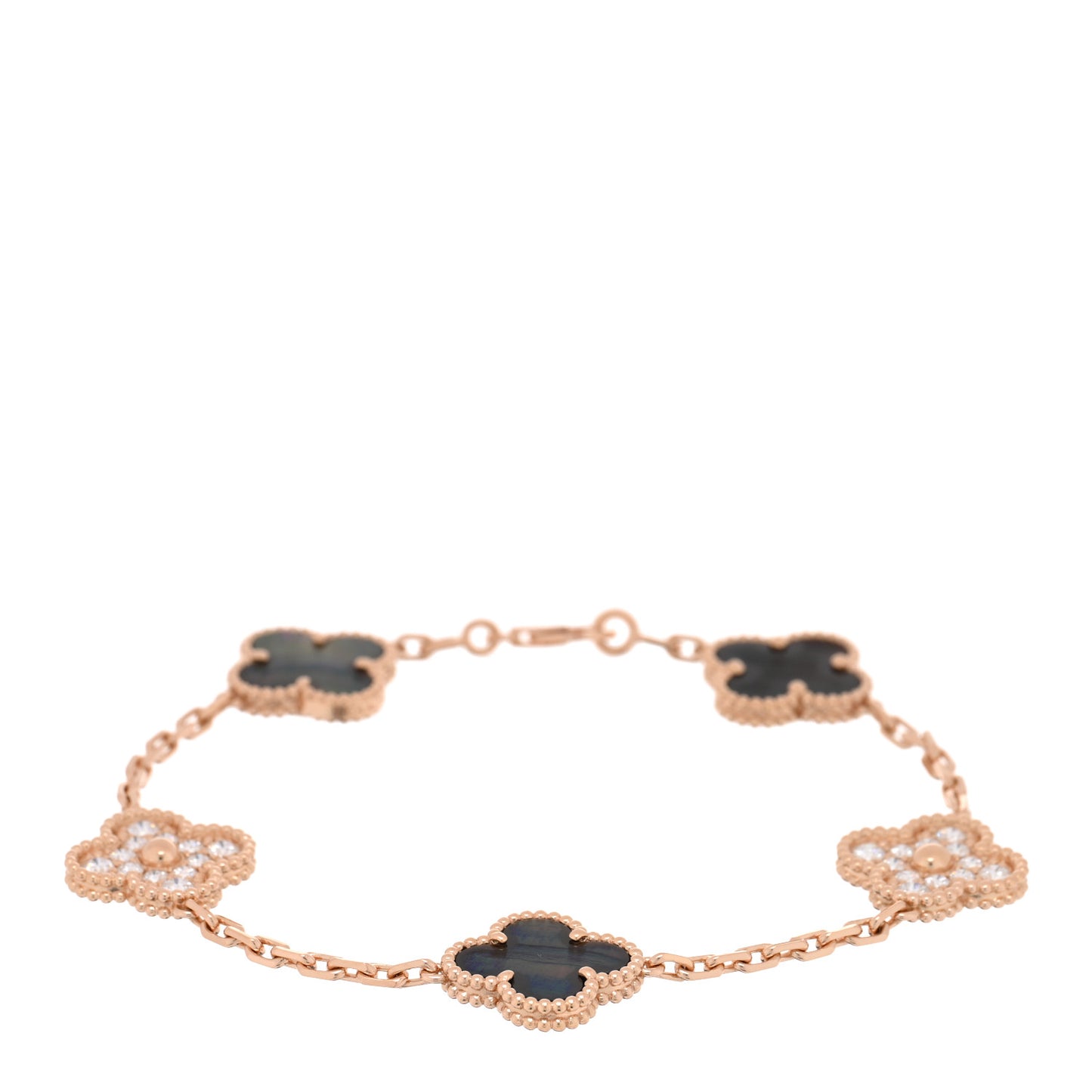 18K Rose Gold Diamond Gray Mother of Pearl 5 Motifs Vintage Alhambra Bracelet