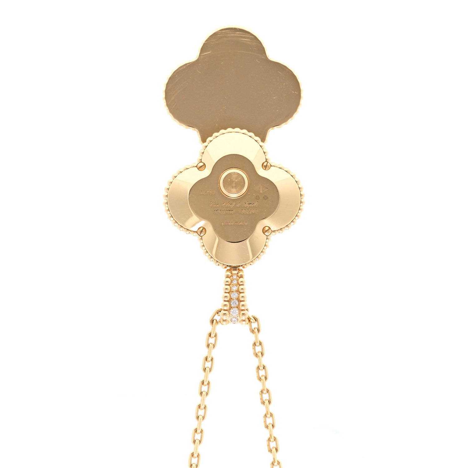 Van Cleef & Arpels 18K Yellow Gold Diamond Turquoise Mother of Pearl 28mm Alhambra Secret Pendant Quartz Watch 4 of 5