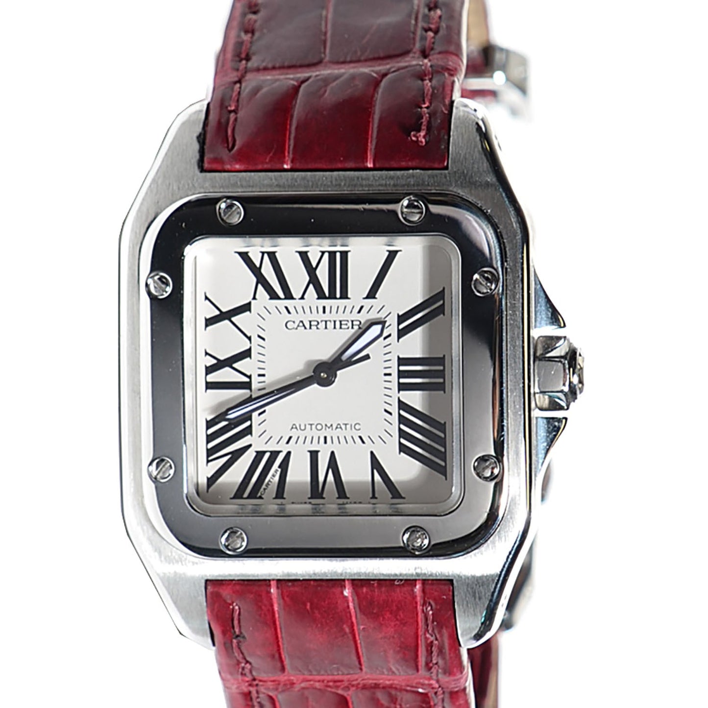 Stainless Steel Alligator 33mm Santos 100 Automatic Watch Red