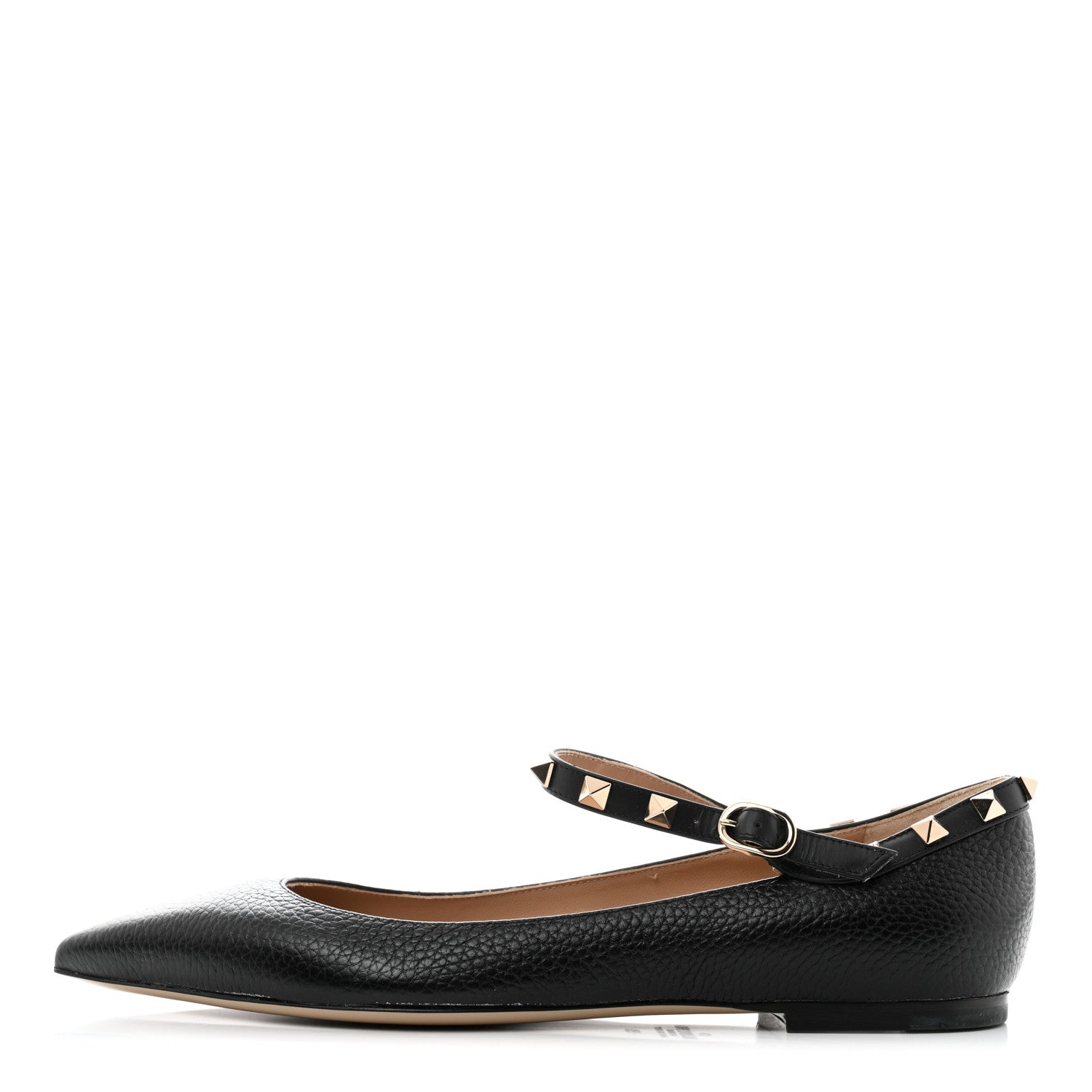 Valentino Garavani Pebbled Calfskin Rockstud Ankle Strap Ballerina Flats 39 Black 1 of 9