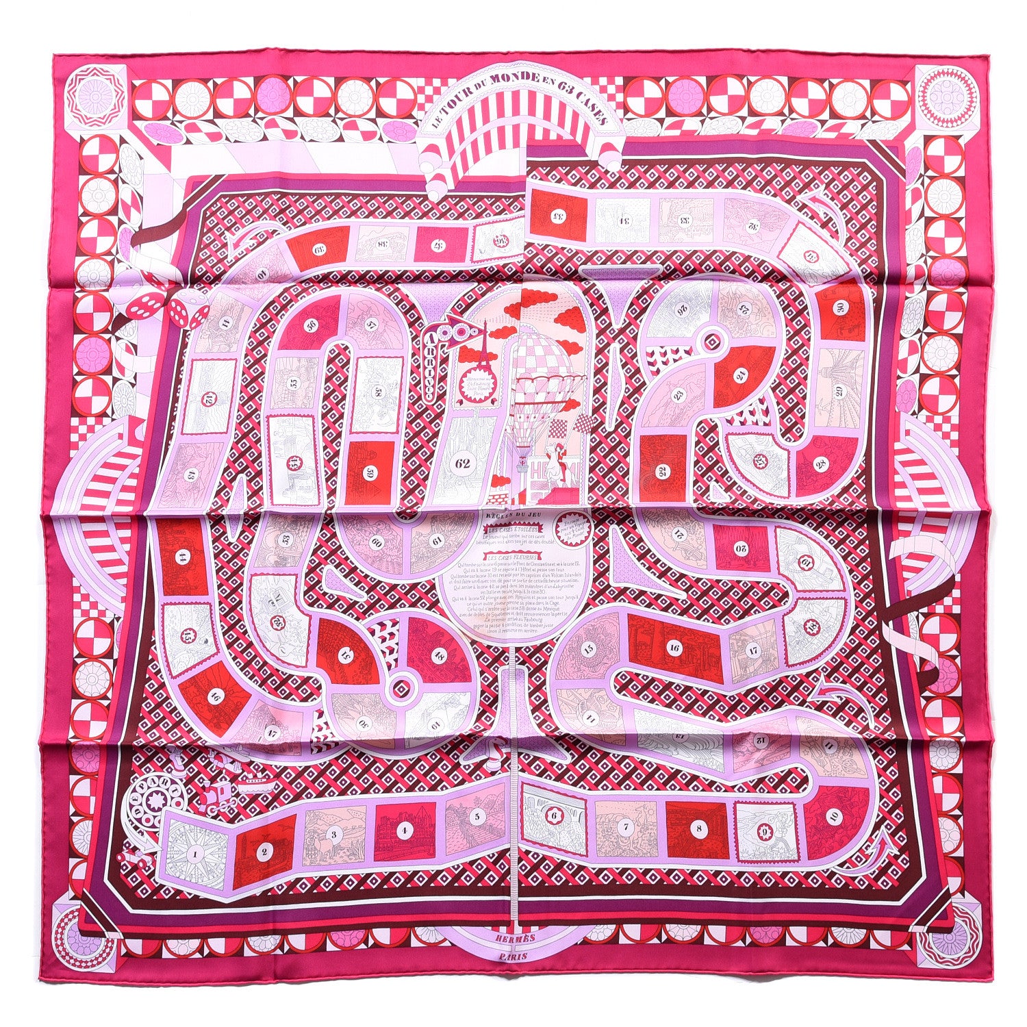 Hermes Silk Le Tour Du Monde En 63 Cases Scarf 90 Fuchsia Mauve White 1 of 5
